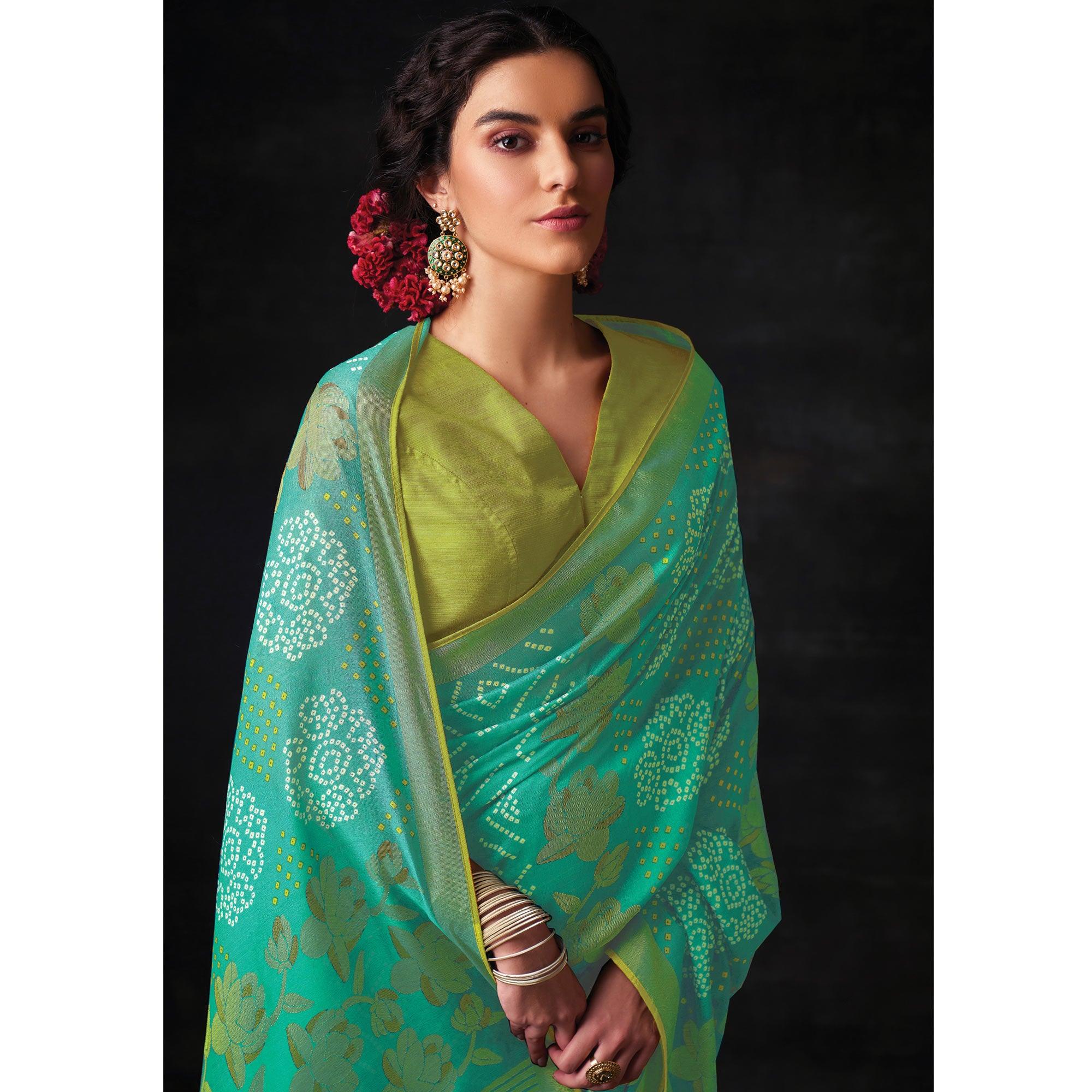 Turquoise Bandhani Printed Brasso Saree - Peachmode