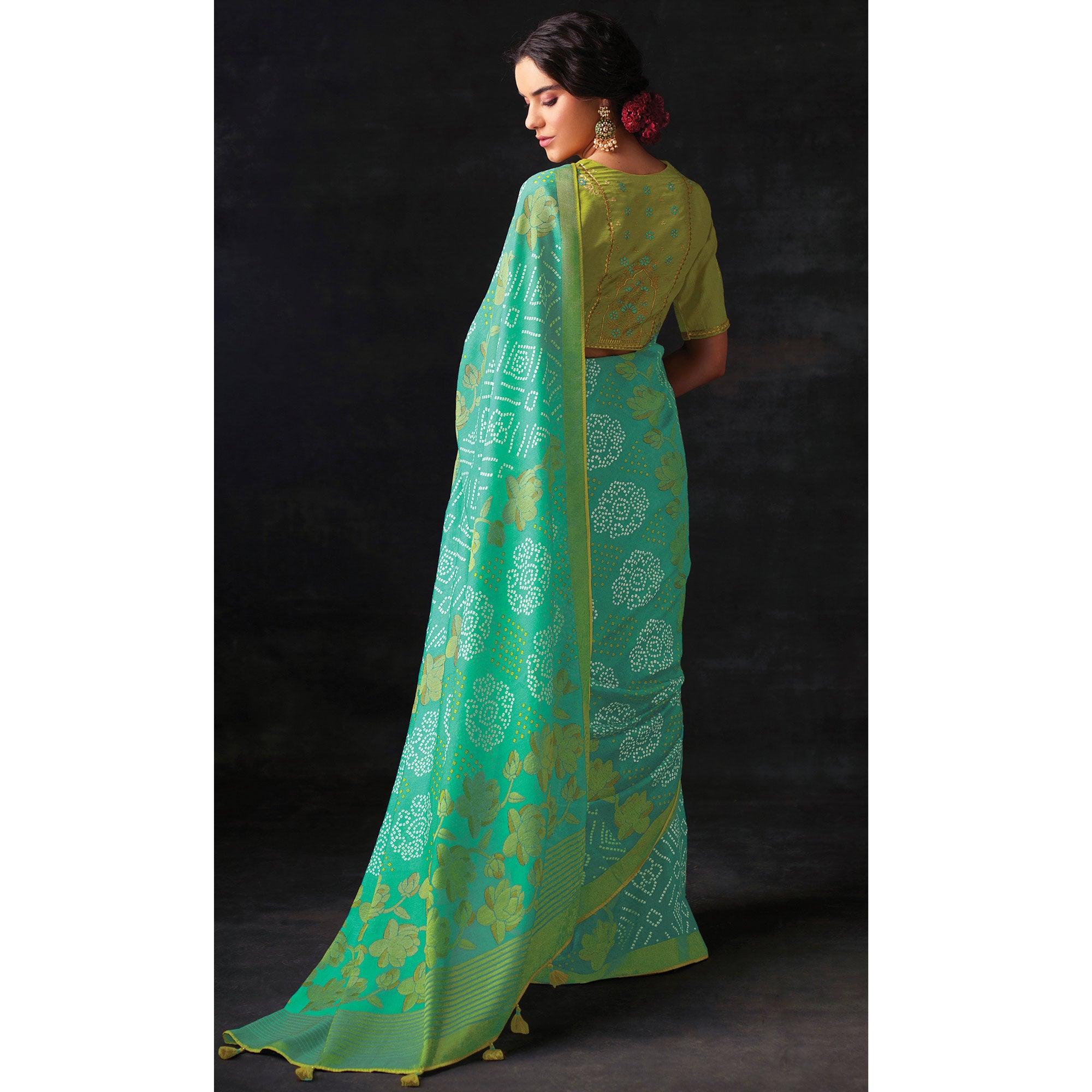 Turquoise Bandhani Printed Brasso Saree - Peachmode