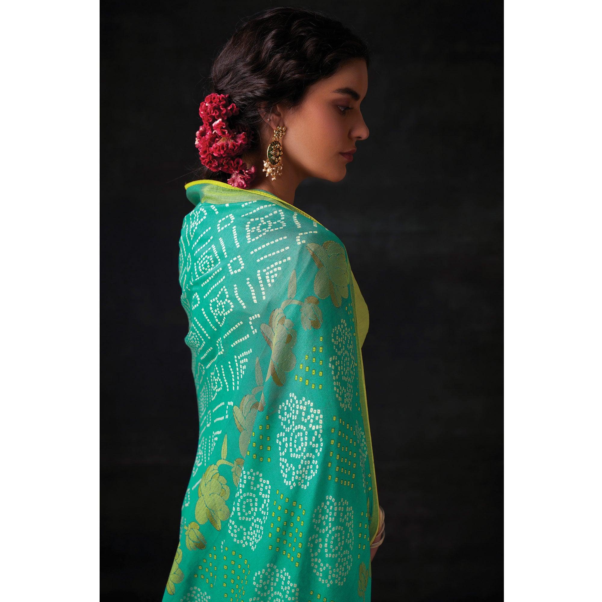 Turquoise Bandhani Printed Brasso Saree - Peachmode
