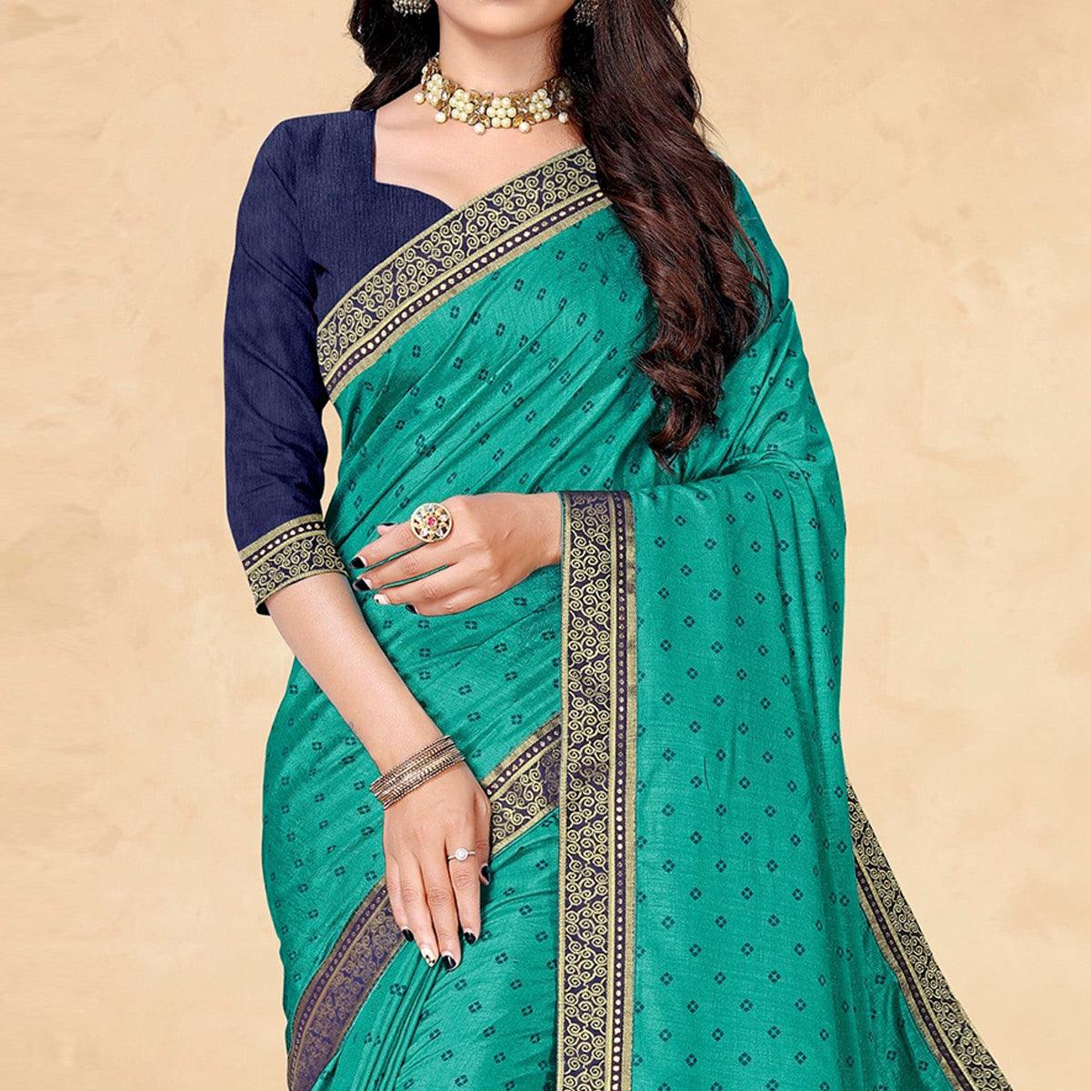Turquoise Bandhani Printed Vichitra Silk Saree - Peachmode