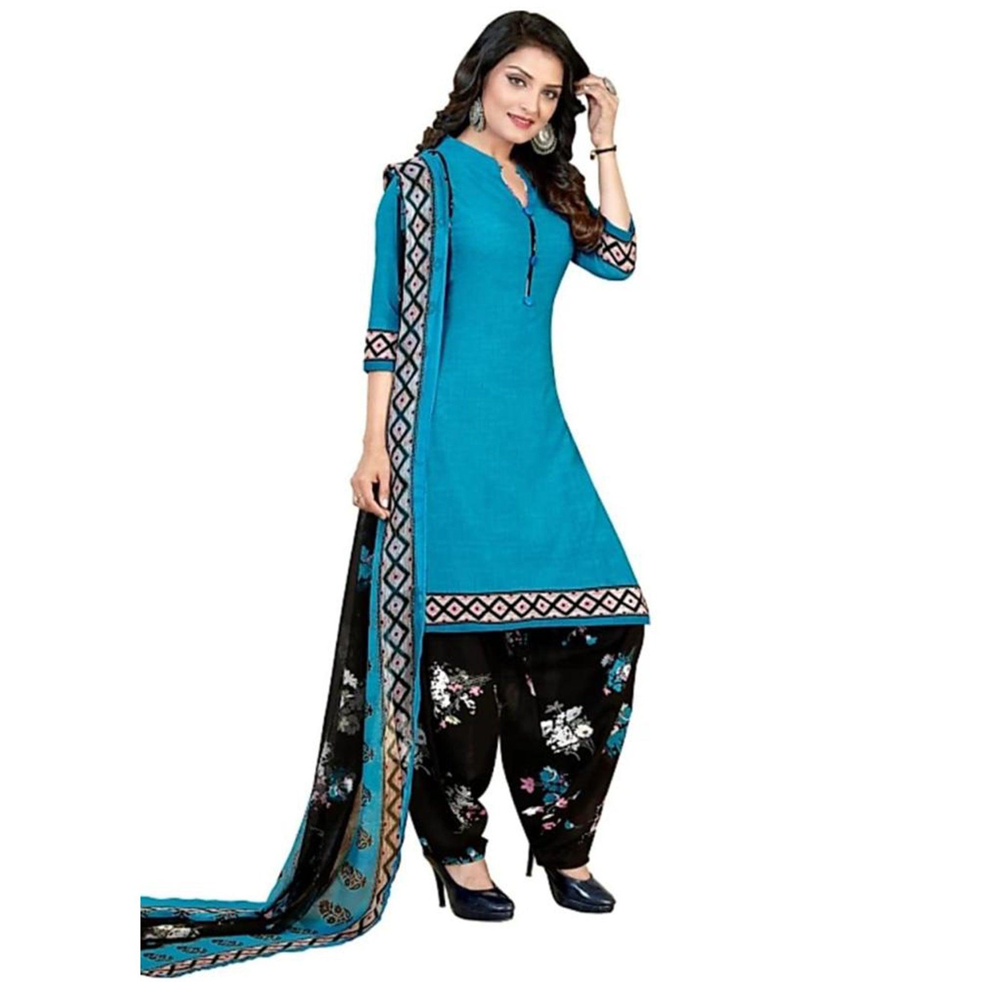 Turquoise Blue Casual Wear Printed Leon Patiala Dress Material - Peachmode