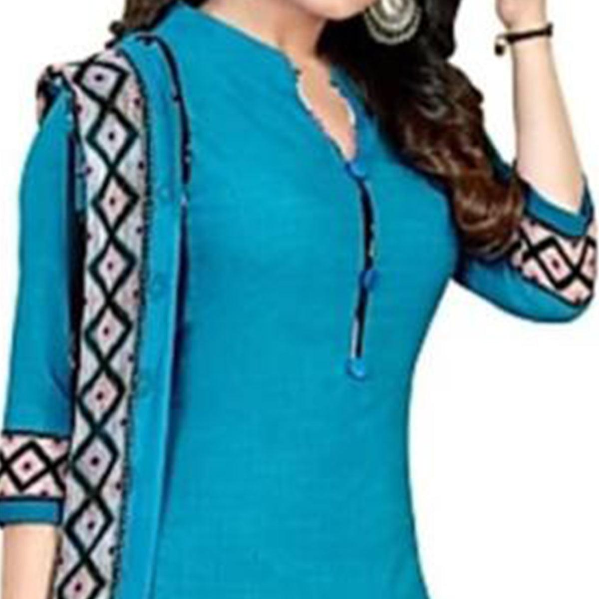Turquoise Blue Casual Wear Printed Leon Patiala Dress Material - Peachmode