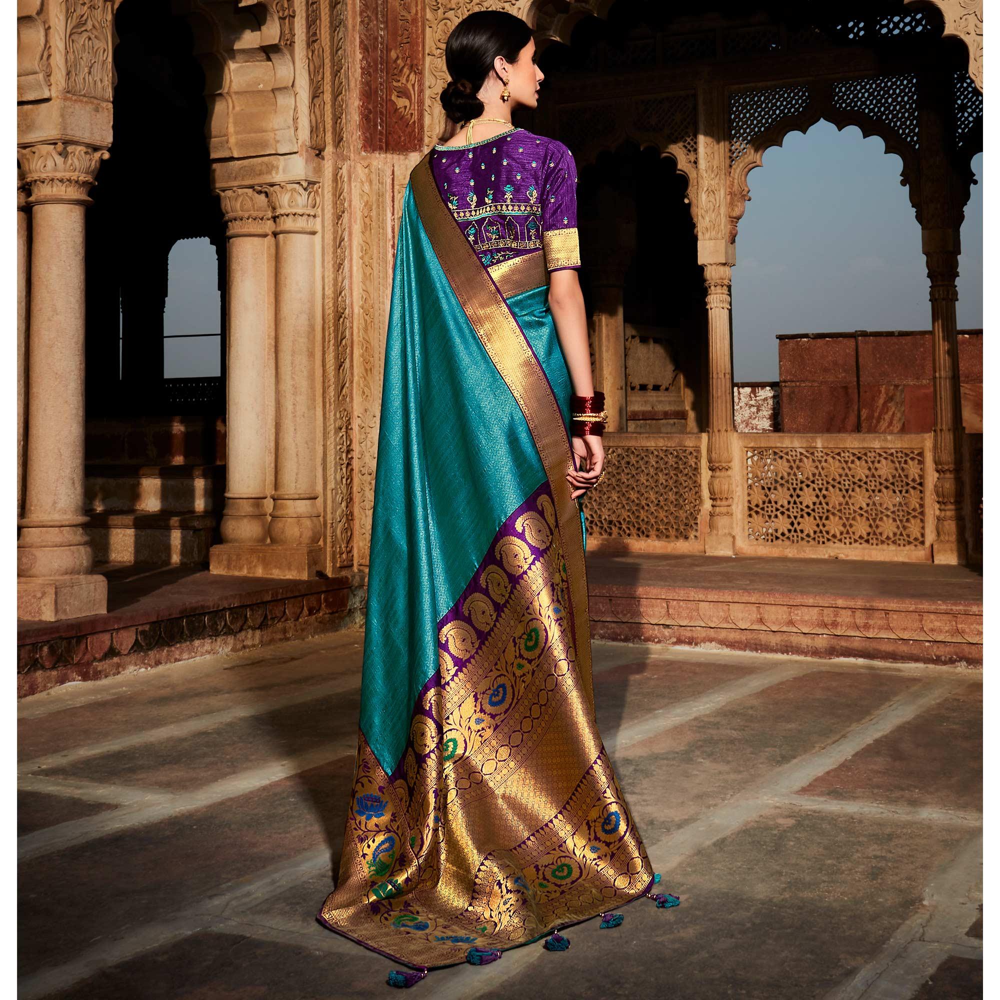 Turquoise Blue Festive Wear Woven Silk Saree - Peachmode