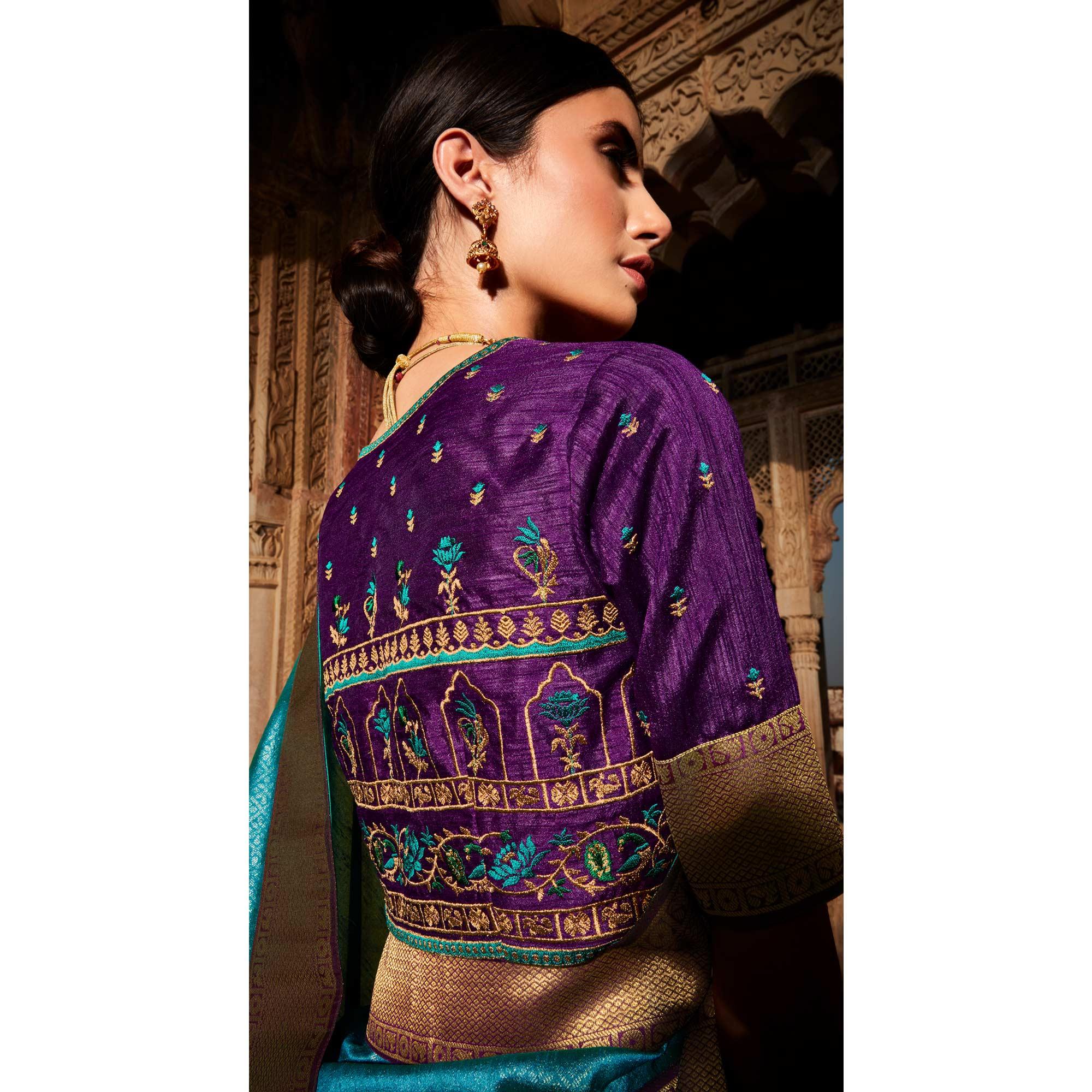 Turquoise Blue Festive Wear Woven Silk Saree - Peachmode