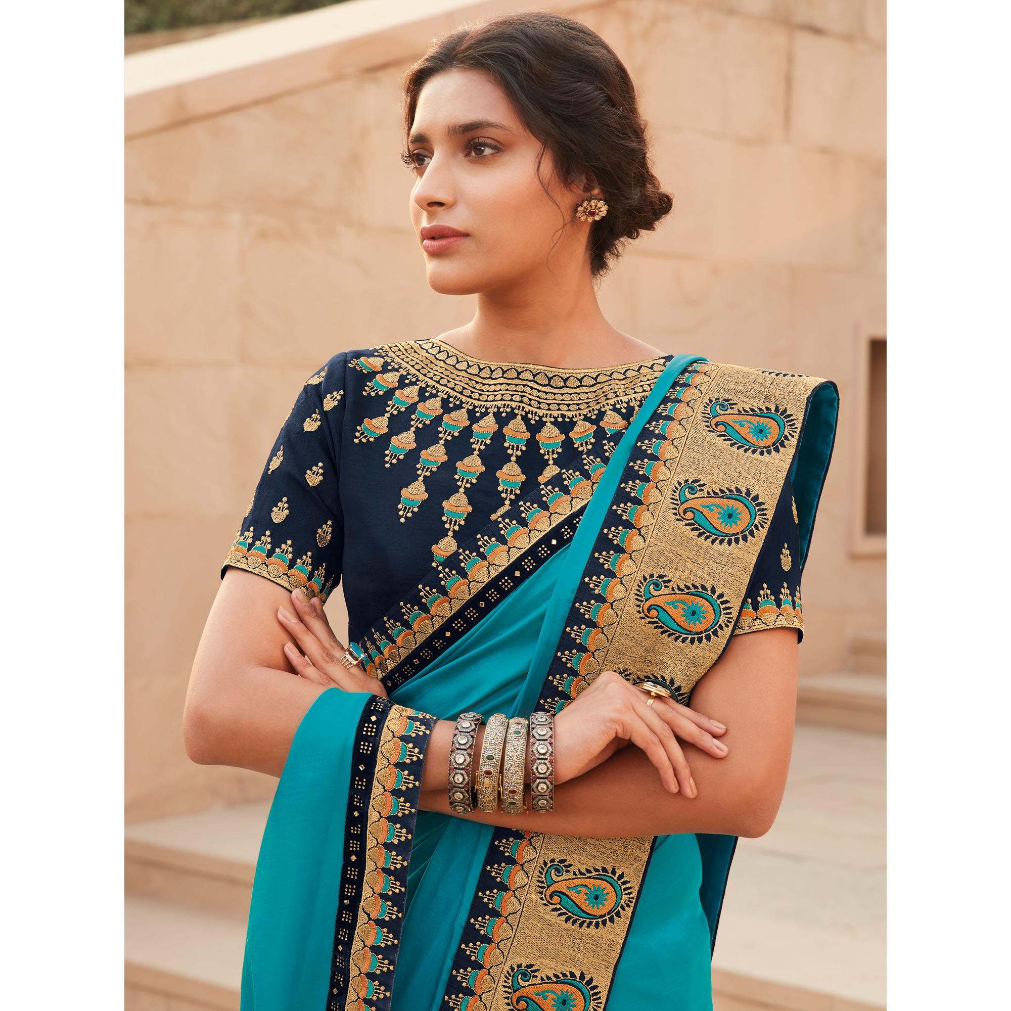 Turquoise Blue Festive Wear Woven Silk Saree With Border - Peachmode