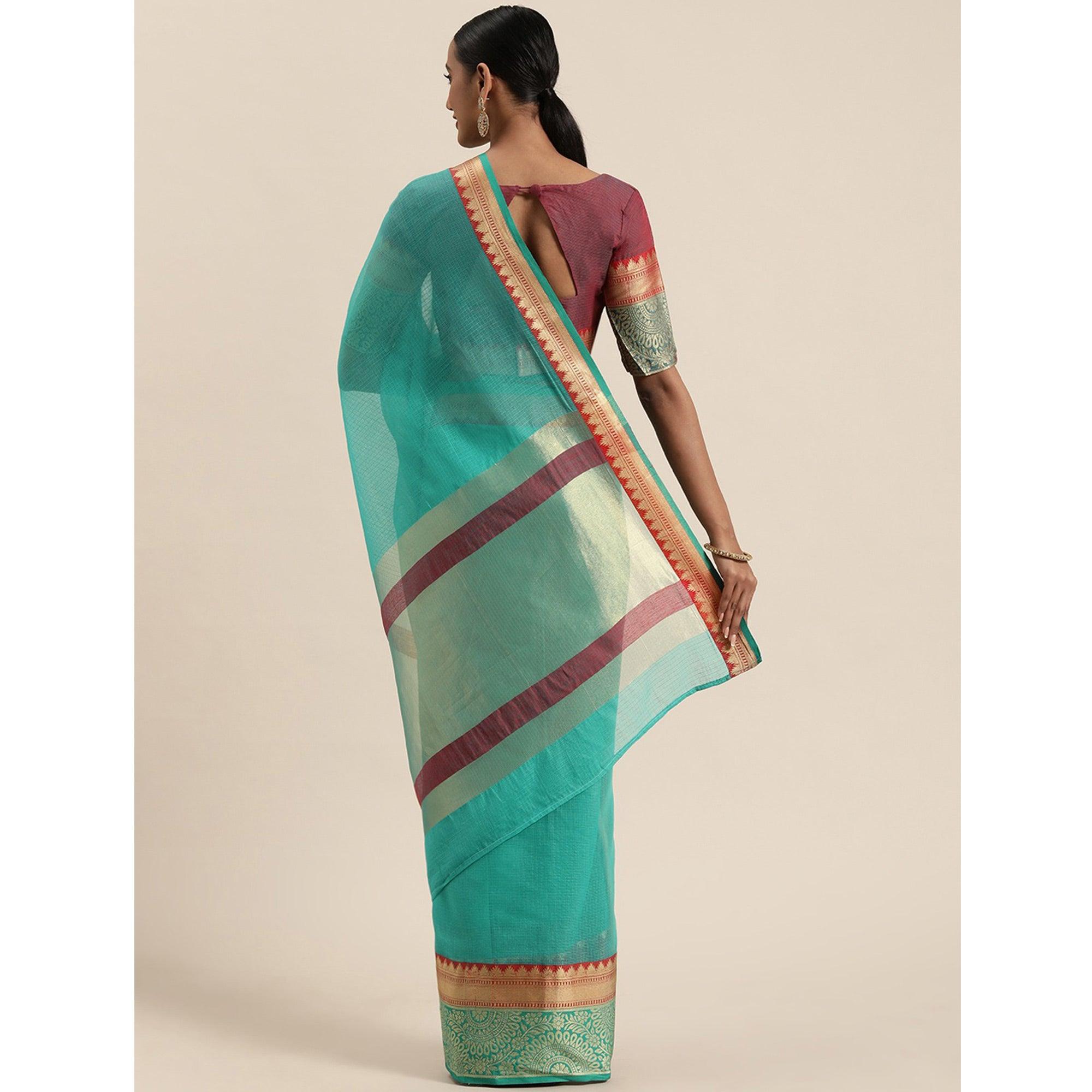 Turquoise Blue Festive Wear Woven Silk Saree With Jacquard Border - Peachmode
