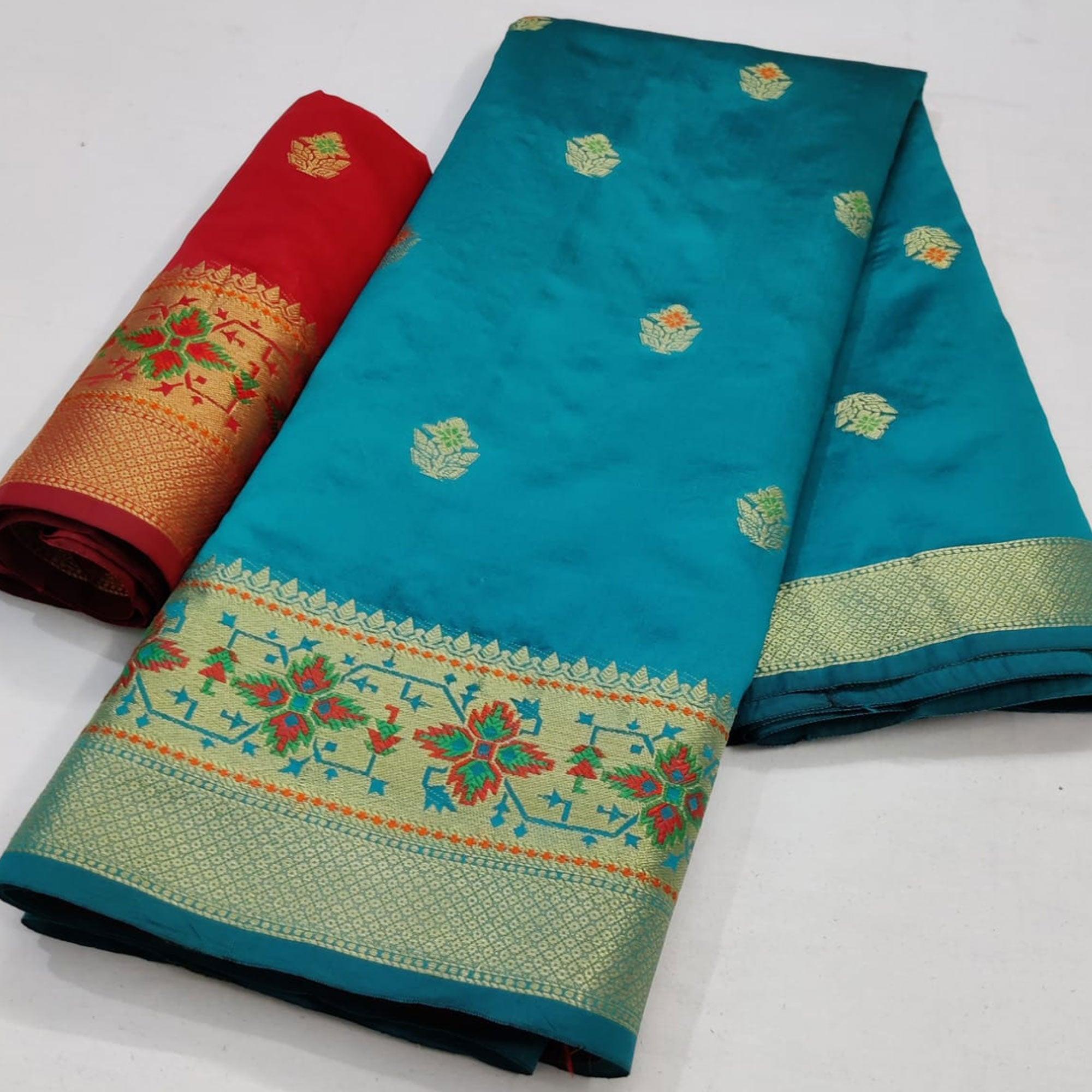 Turquoise Blue Festive Wear Woven Soft Silk Saree - Peachmode