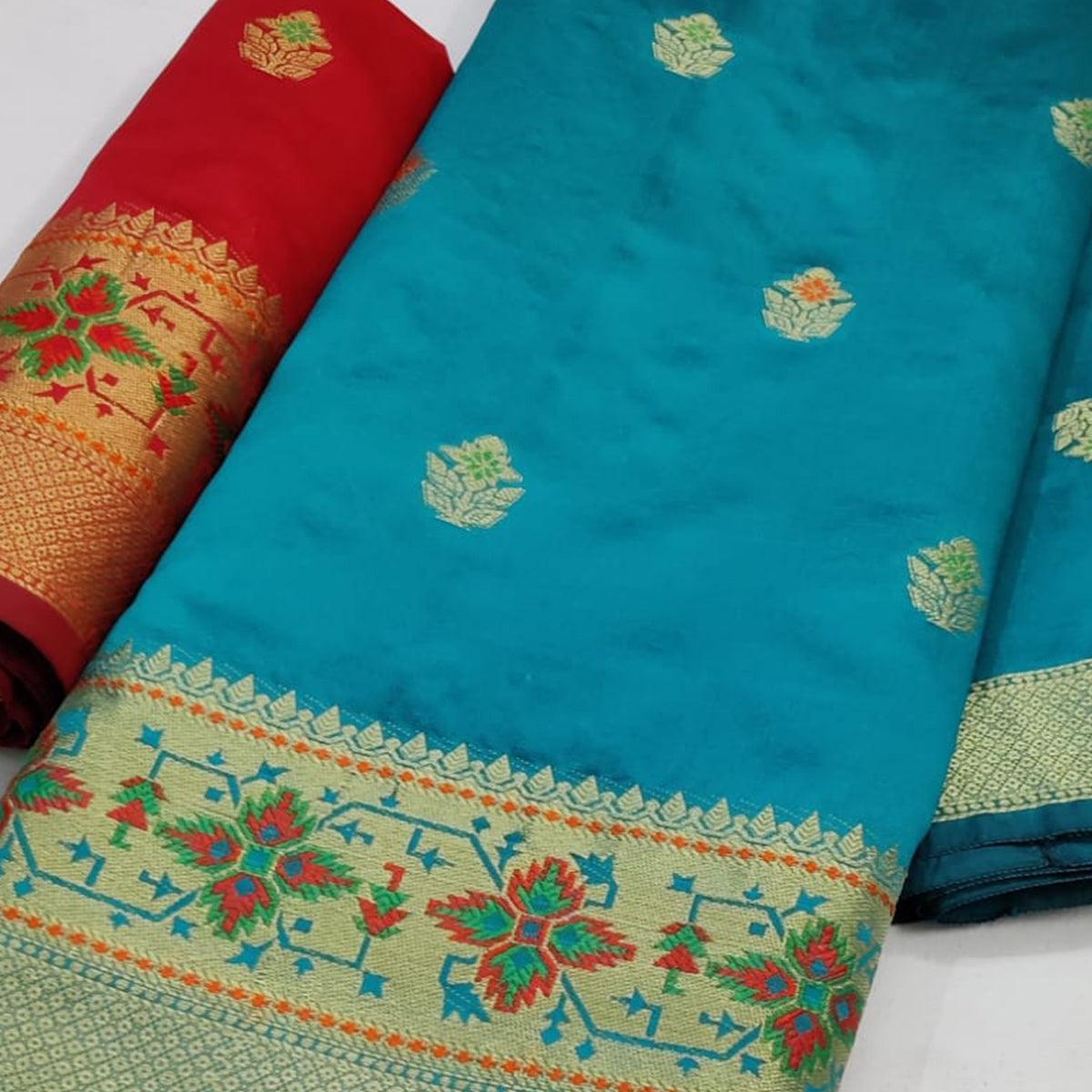 Turquoise Blue Festive Wear Woven Soft Silk Saree - Peachmode