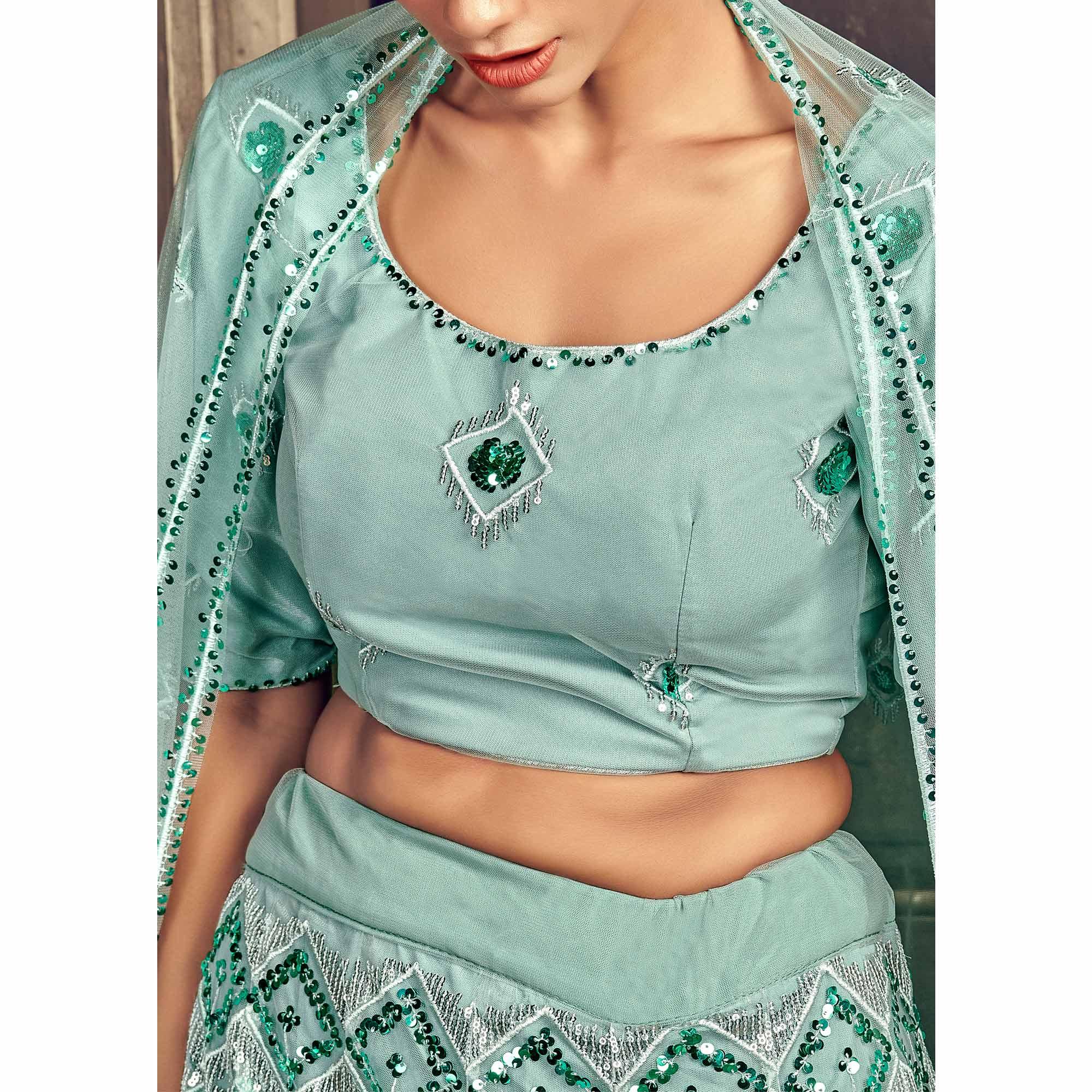 Turquoise Blue Partywear Sequence Embroidered Net Lehenga Choli - Peachmode