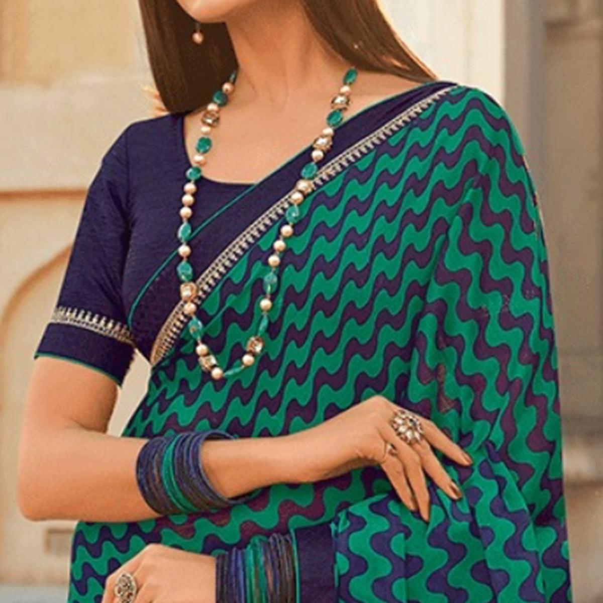 Turquoise-Blue Printed Georgette Saree - Peachmode