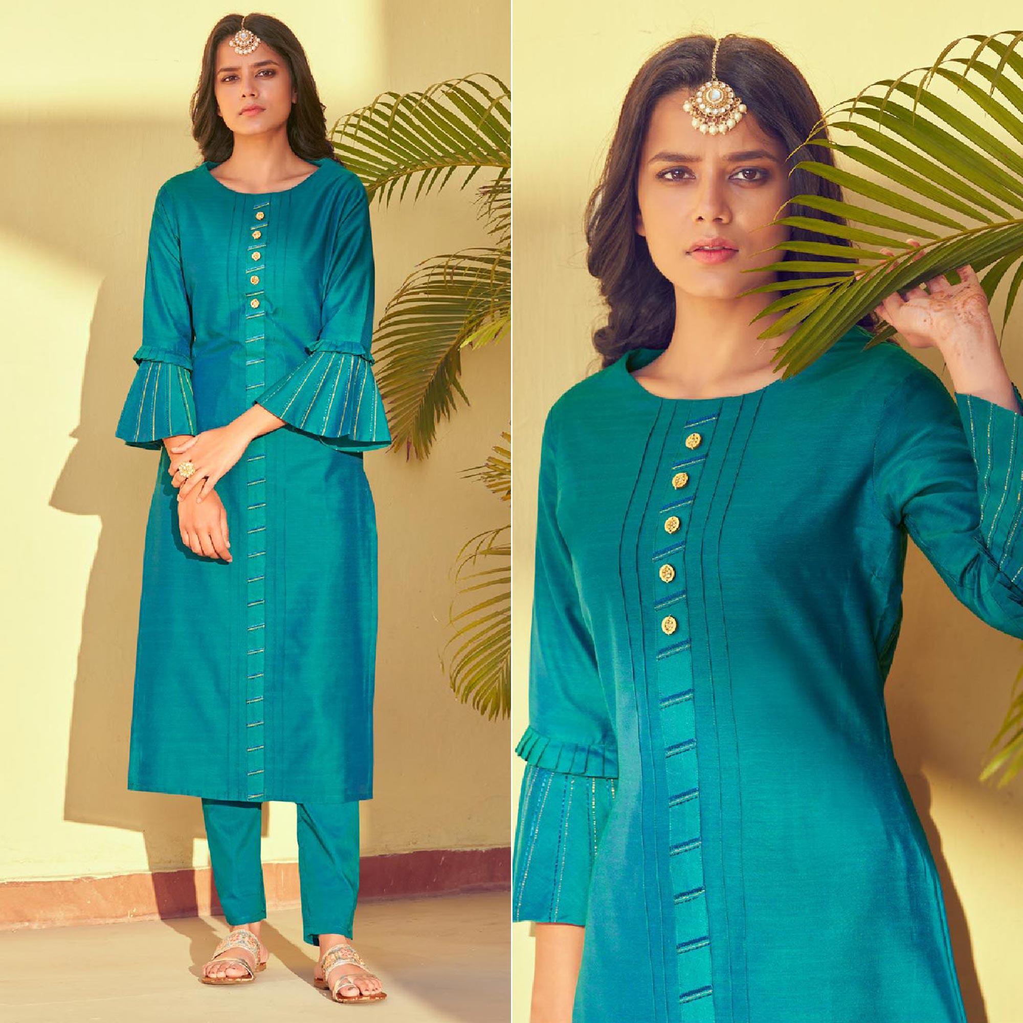 Turquoise Blue Solid Viscose Kurti Pant Set - Peachmode