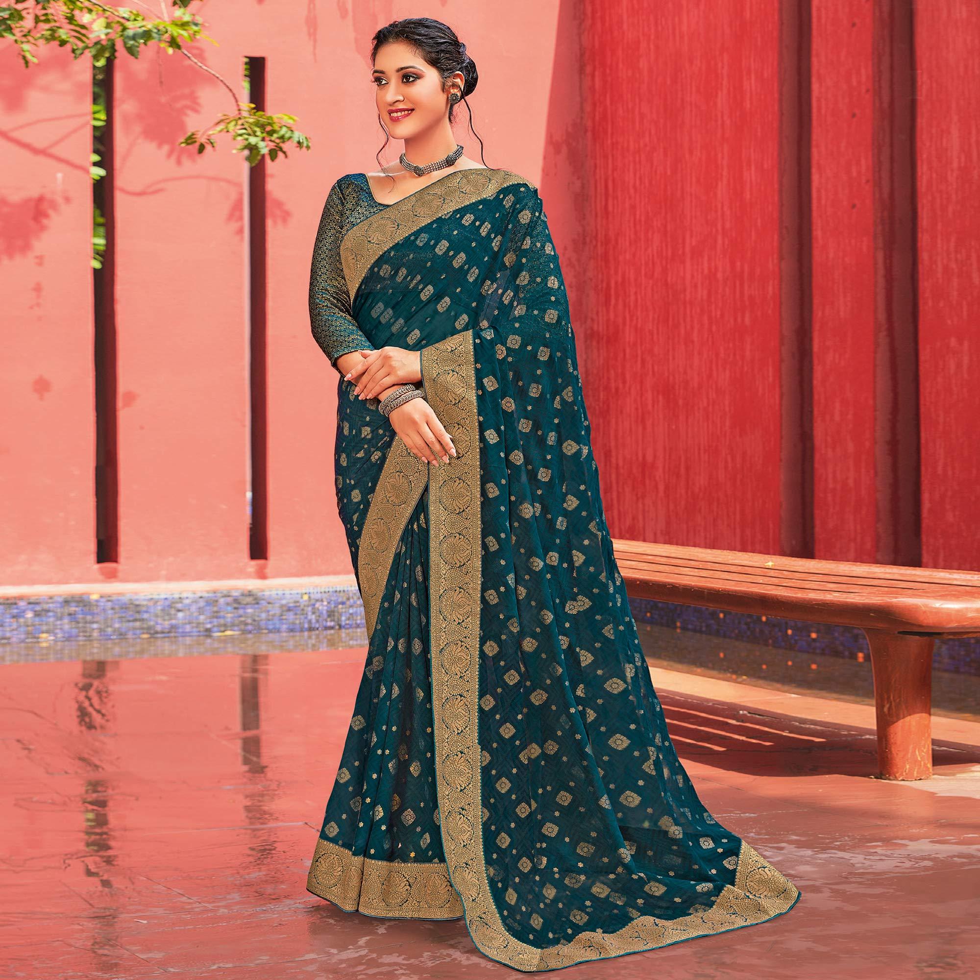 Turquoise Blue Wear Festive Woven Georgette Saree - Peachmode
