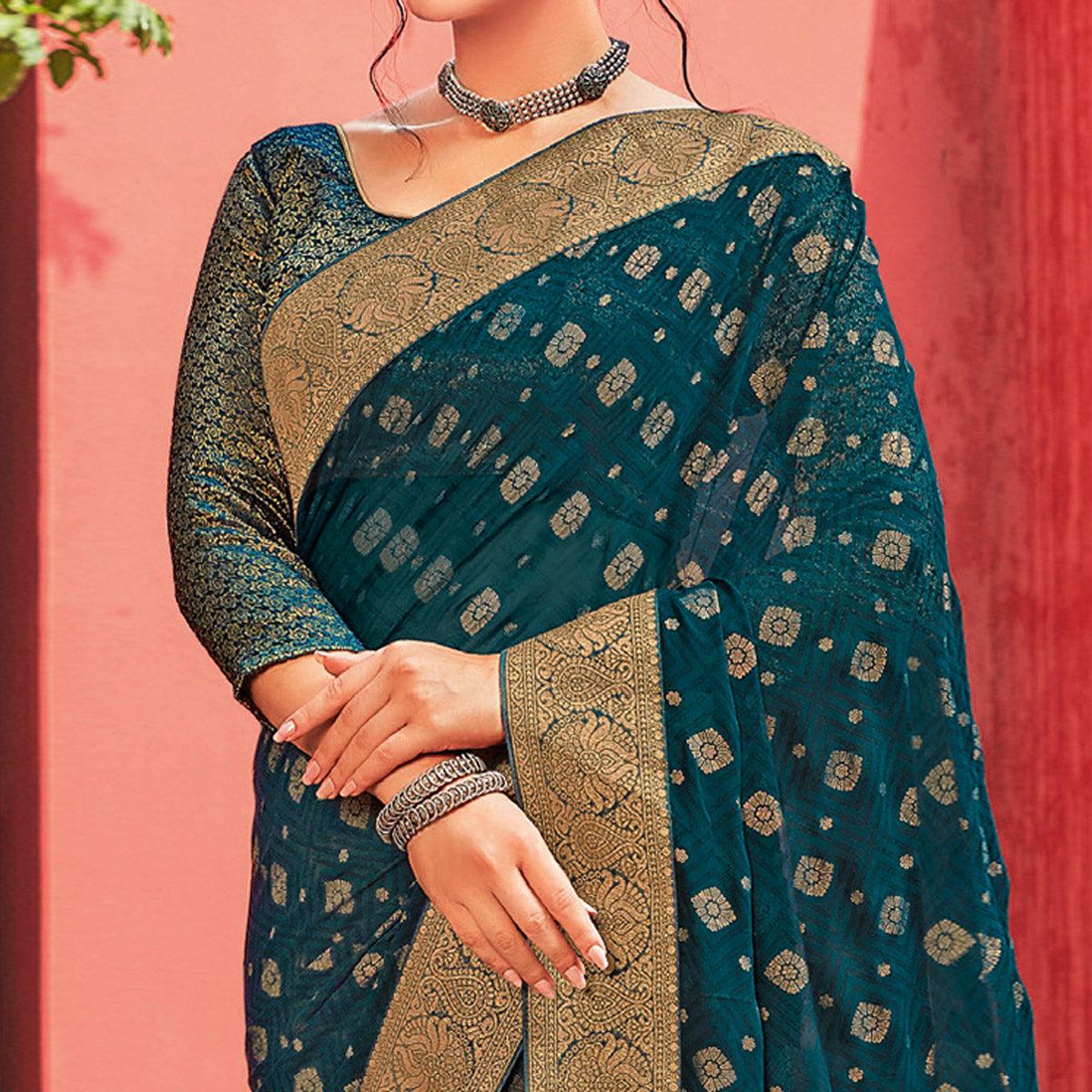 Turquoise Blue Wear Festive Woven Georgette Saree - Peachmode