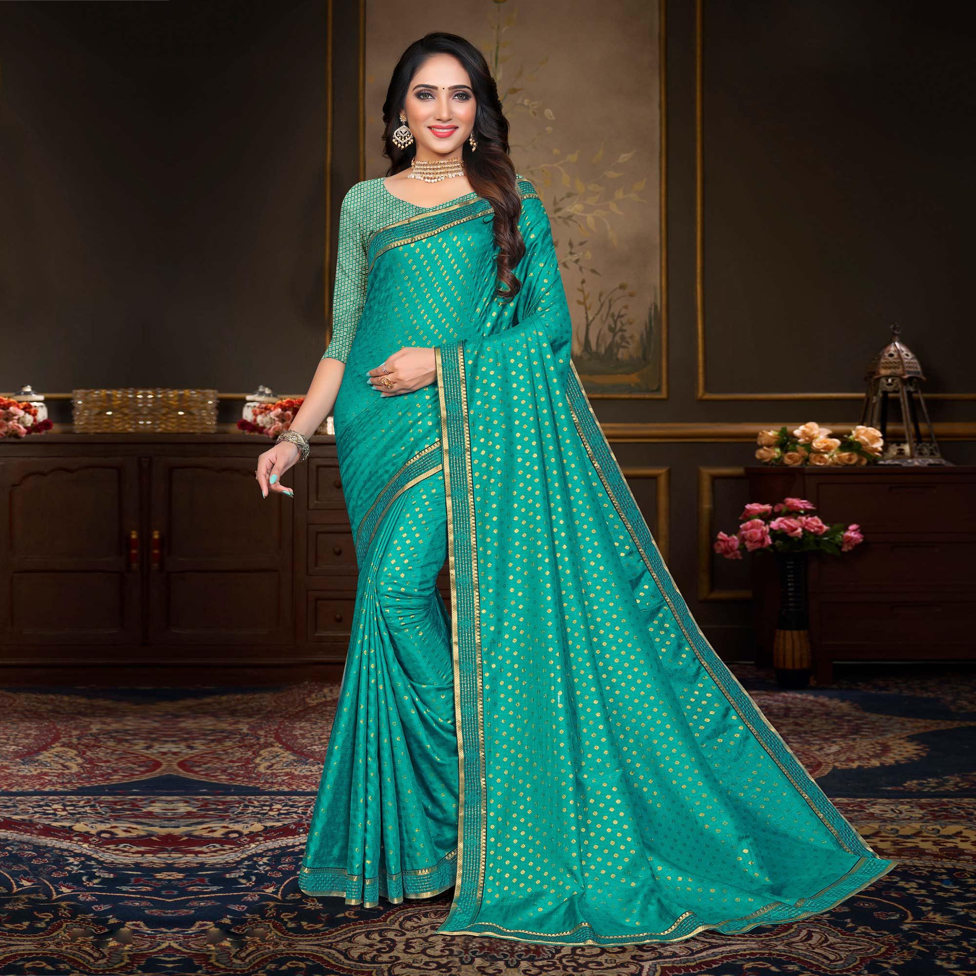 Turquoise Blue Woven Vichitra Silk Saree - Peachmode