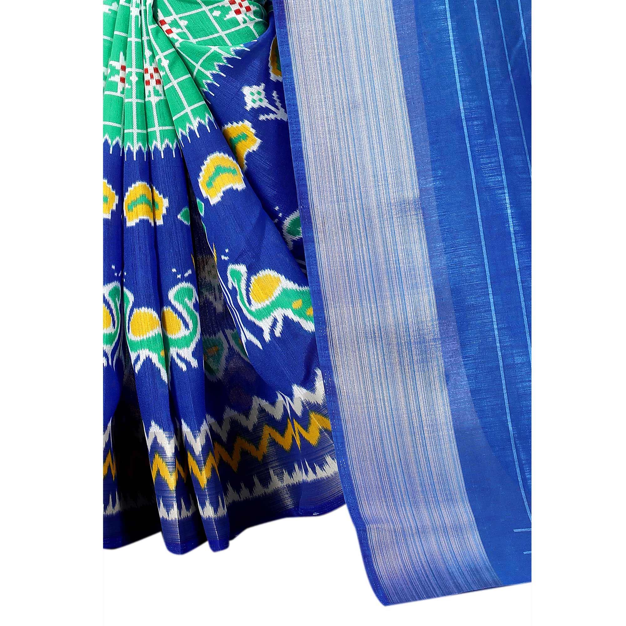 Turquoise Casual Wear Designer Hand Block Printed Cotton Linen Saree - Peachmode