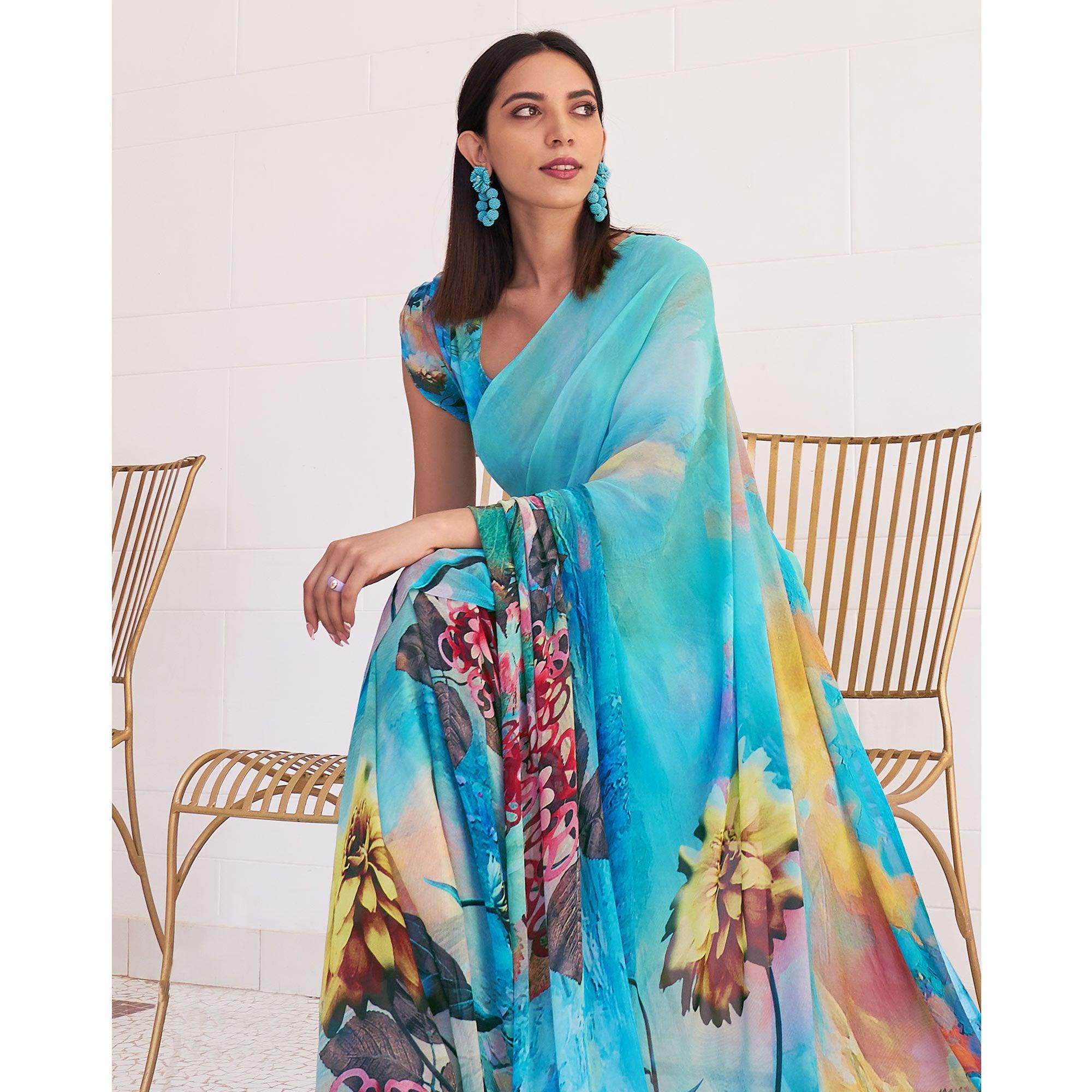 Turquoise Casual Wear Digital Printed Satin Georgette Saree - Peachmode