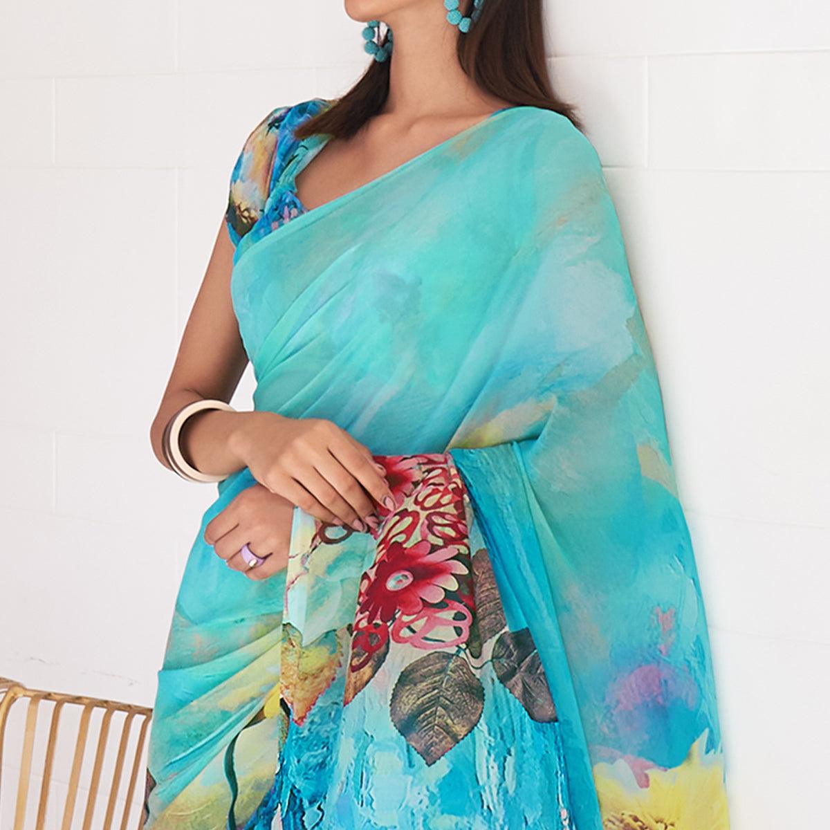 Turquoise Casual Wear Digital Printed Satin Georgette Saree - Peachmode