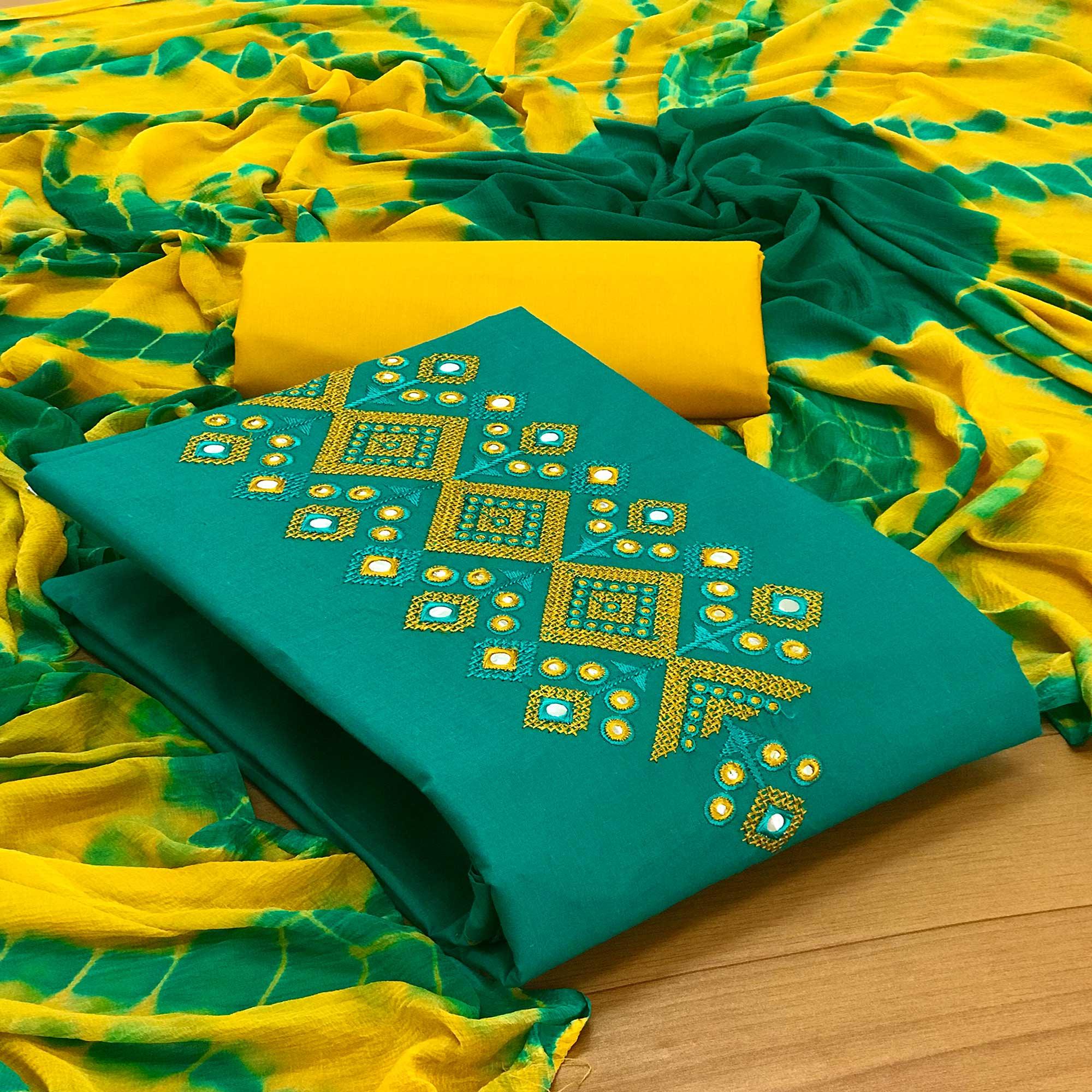 Turquoise Casual Wear Embroidered & Mirror Work Cotton Dress Material - Peachmode