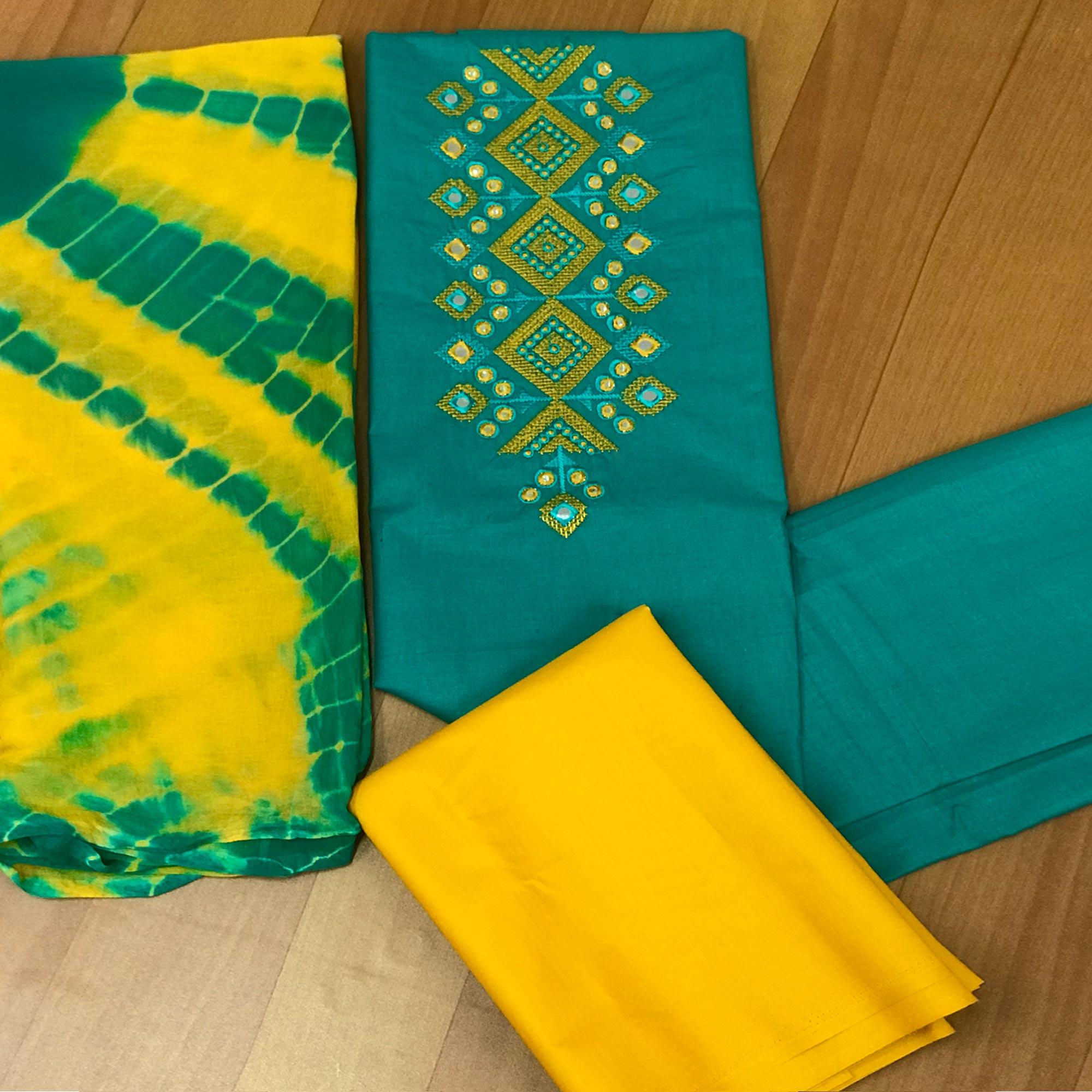 Turquoise Casual Wear Embroidered & Mirror Work Cotton Dress Material - Peachmode