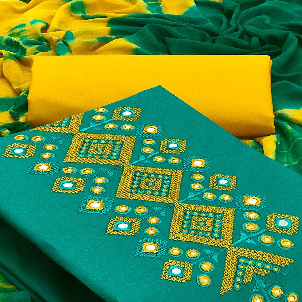 Turquoise Casual Wear Embroidered & Mirror Work Cotton Dress Material - Peachmode