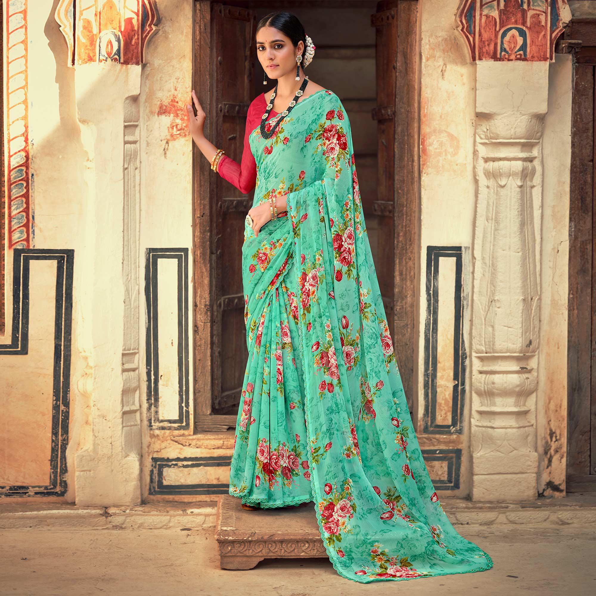 Turquoise Casual Wear Floral Printed Alfino Saree With Fancy Diamond Lace - Peachmode
