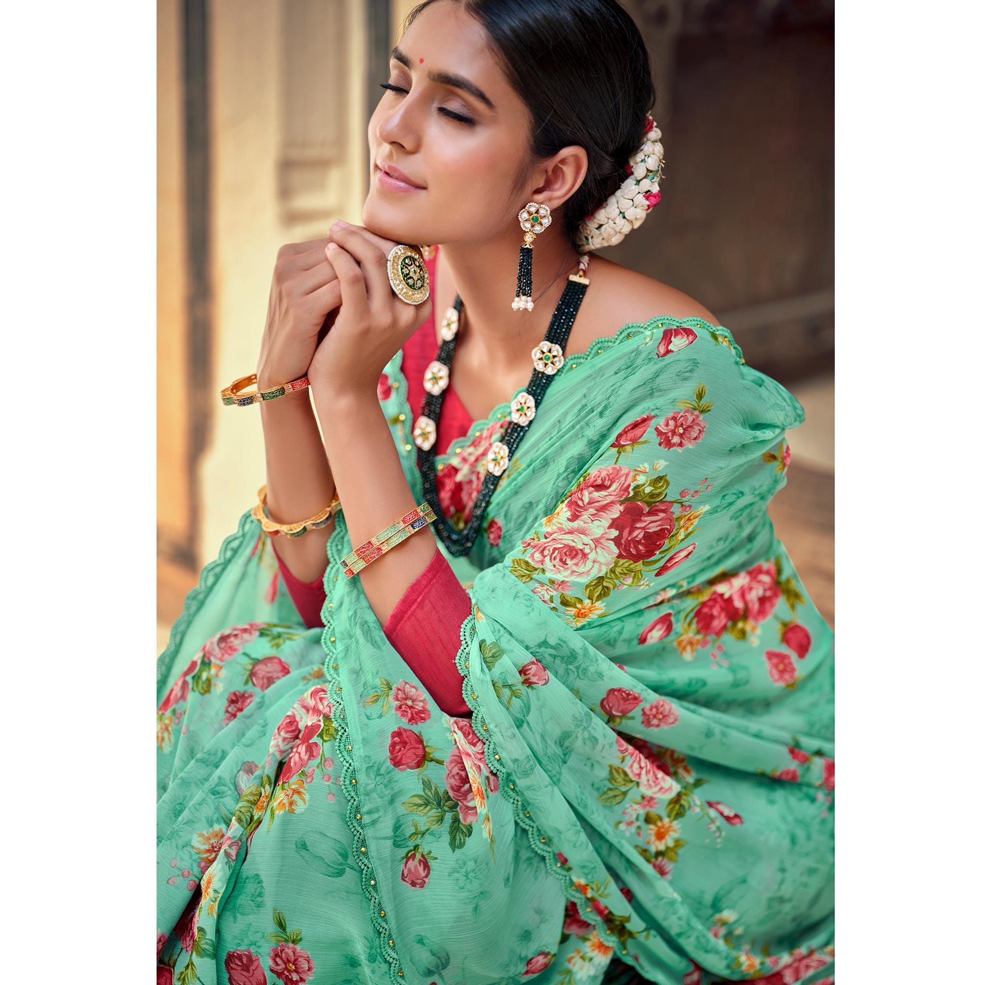 Turquoise Casual Wear Floral Printed Alfino Saree With Fancy Diamond Lace - Peachmode