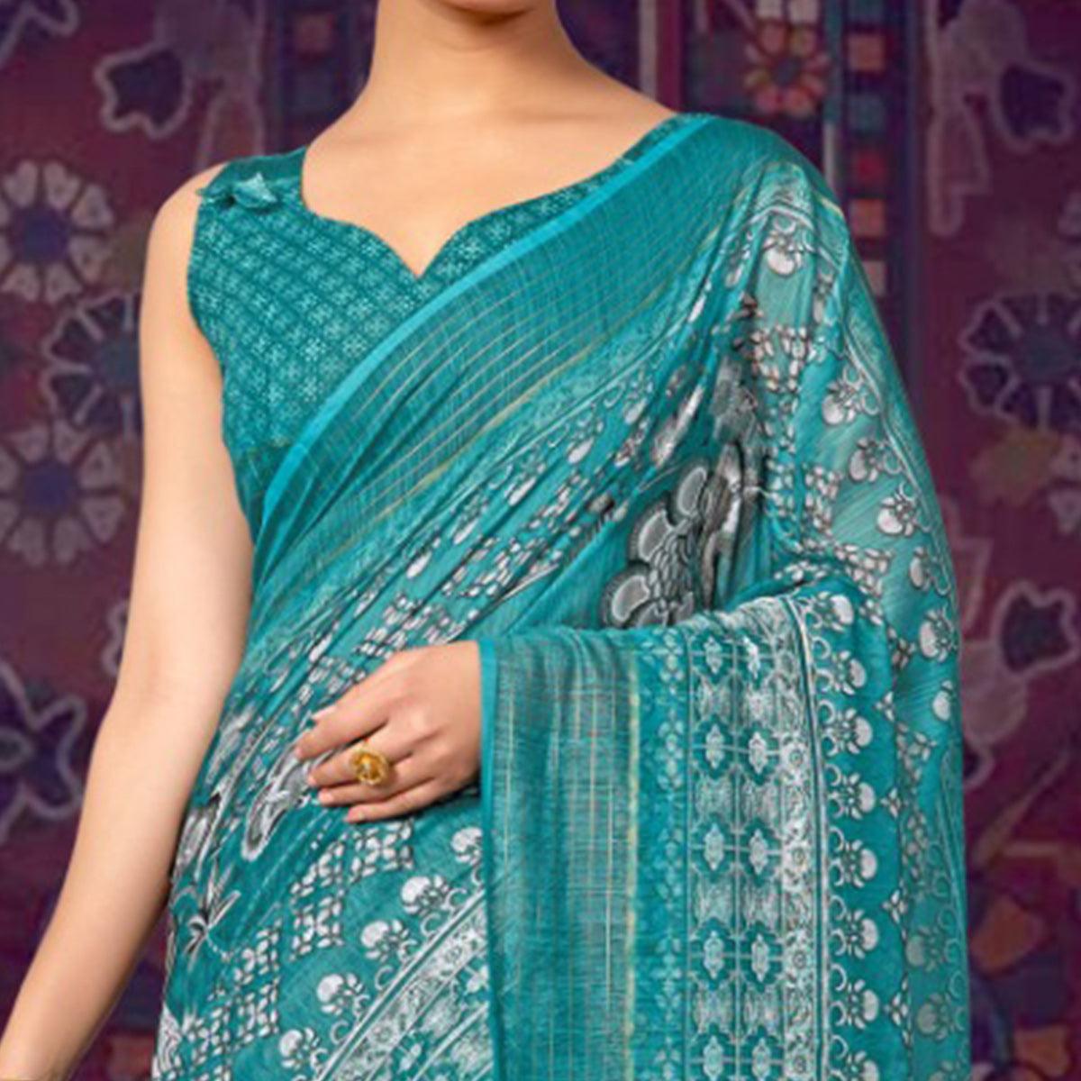Turquoise Casual Wear Floral Soft Cotton Saree - Peachmode