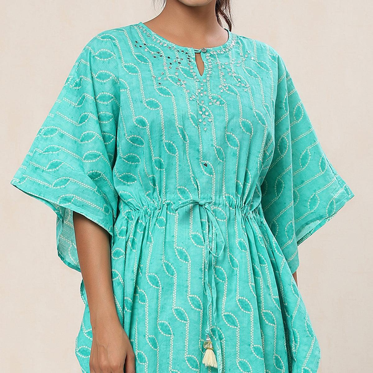 Turquoise Casual Wear Printed Cotton Kaftan - Pant Set - Peachmode