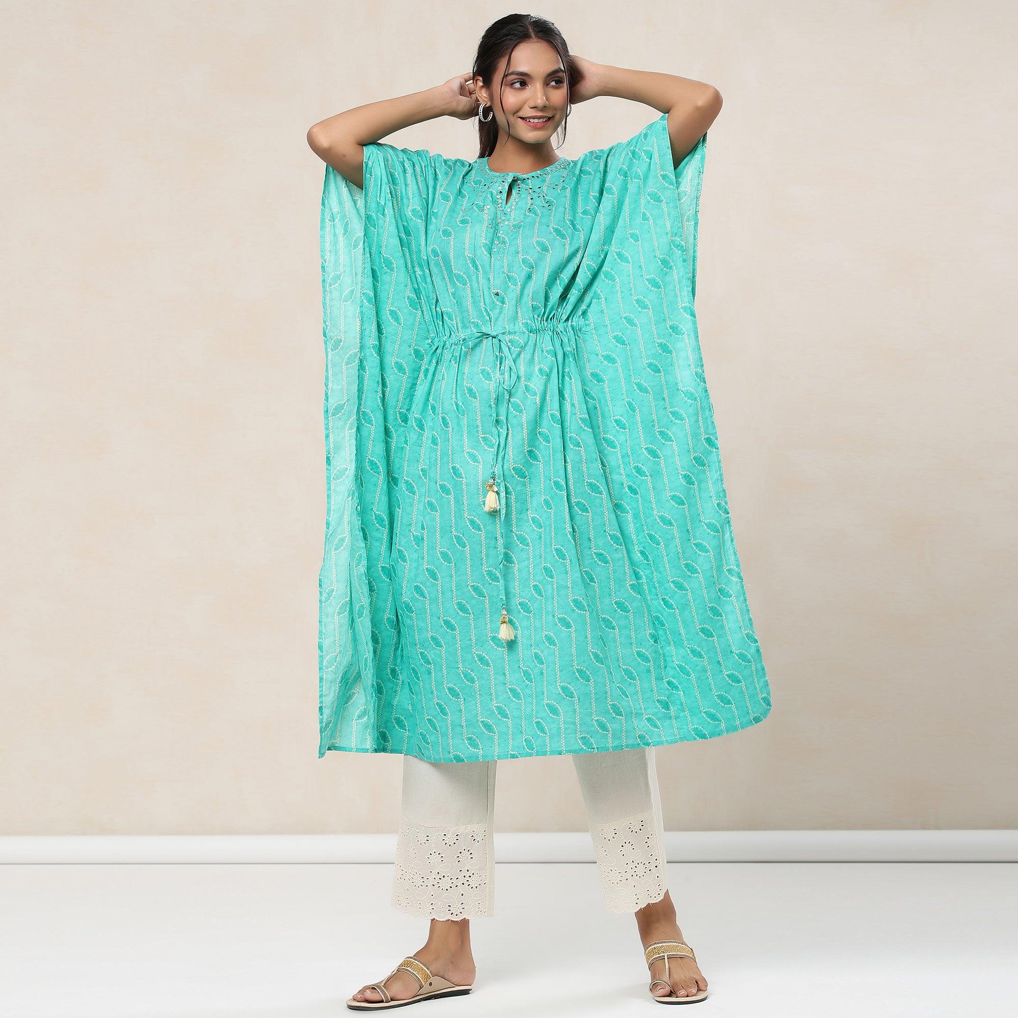 Turquoise Casual Wear Printed Cotton Kaftan - Pant Set - Peachmode