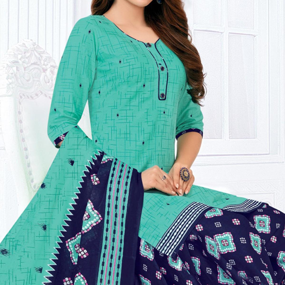 Turquoise Casual Wear Printed Cotton Patiala Dress Material - Peachmode