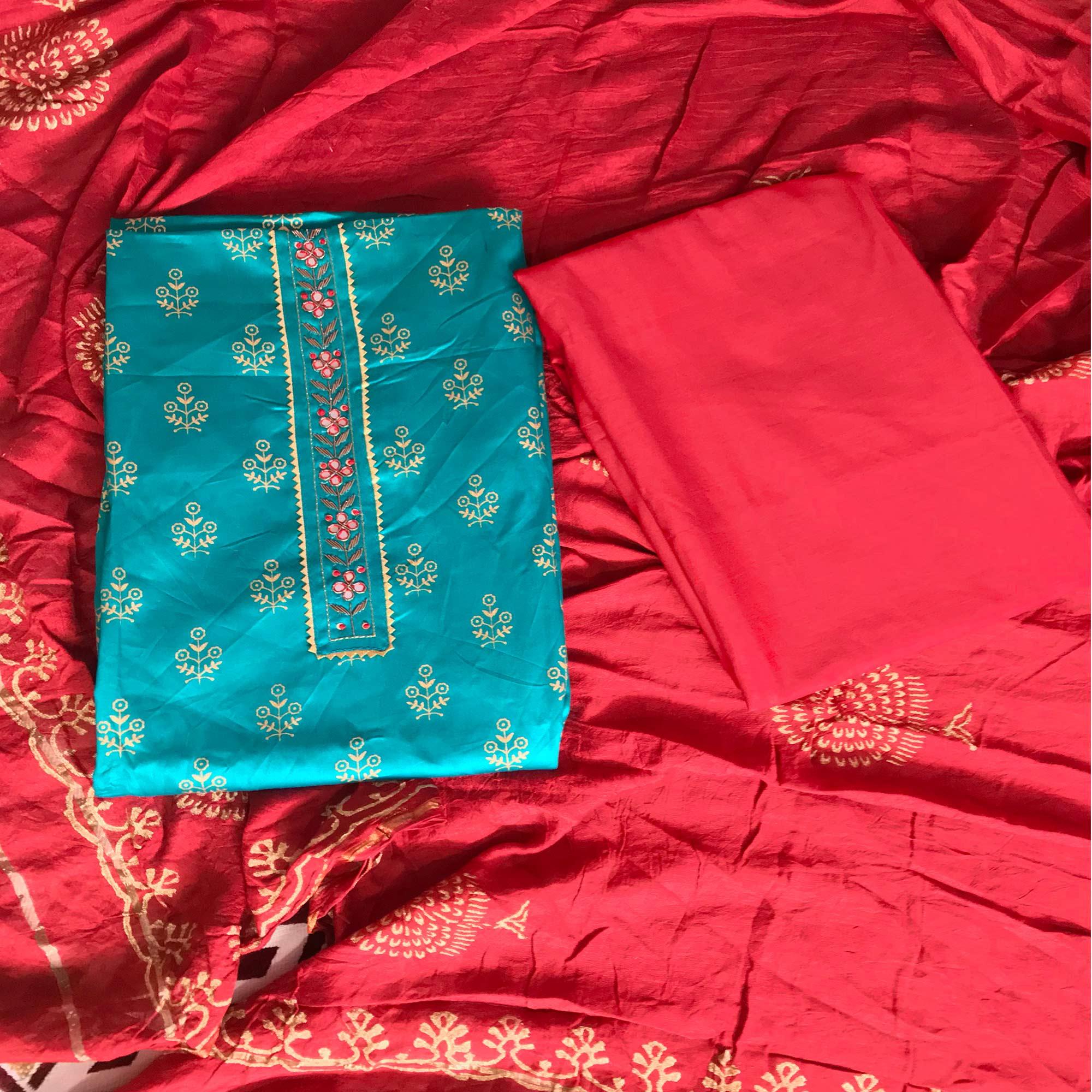 Turquoise Casual Wear Printed Cotton Silk Dress Material - Peachmode