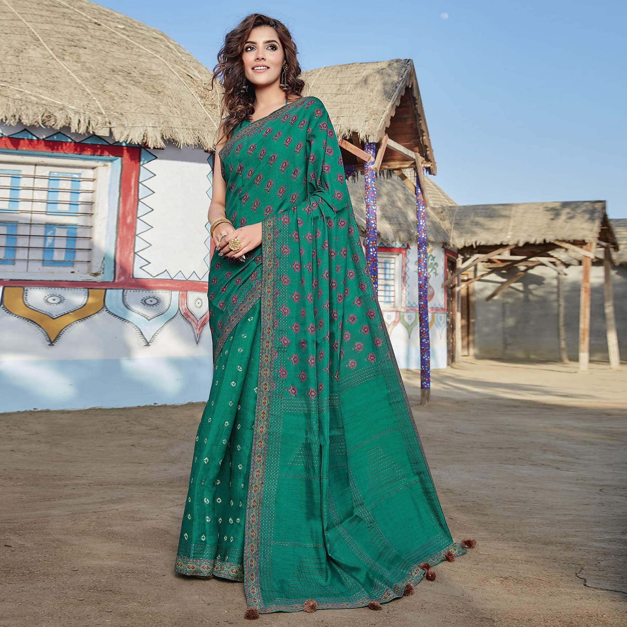 Turquoise Casual Wear Printed Cotton Silk Saree - Peachmode