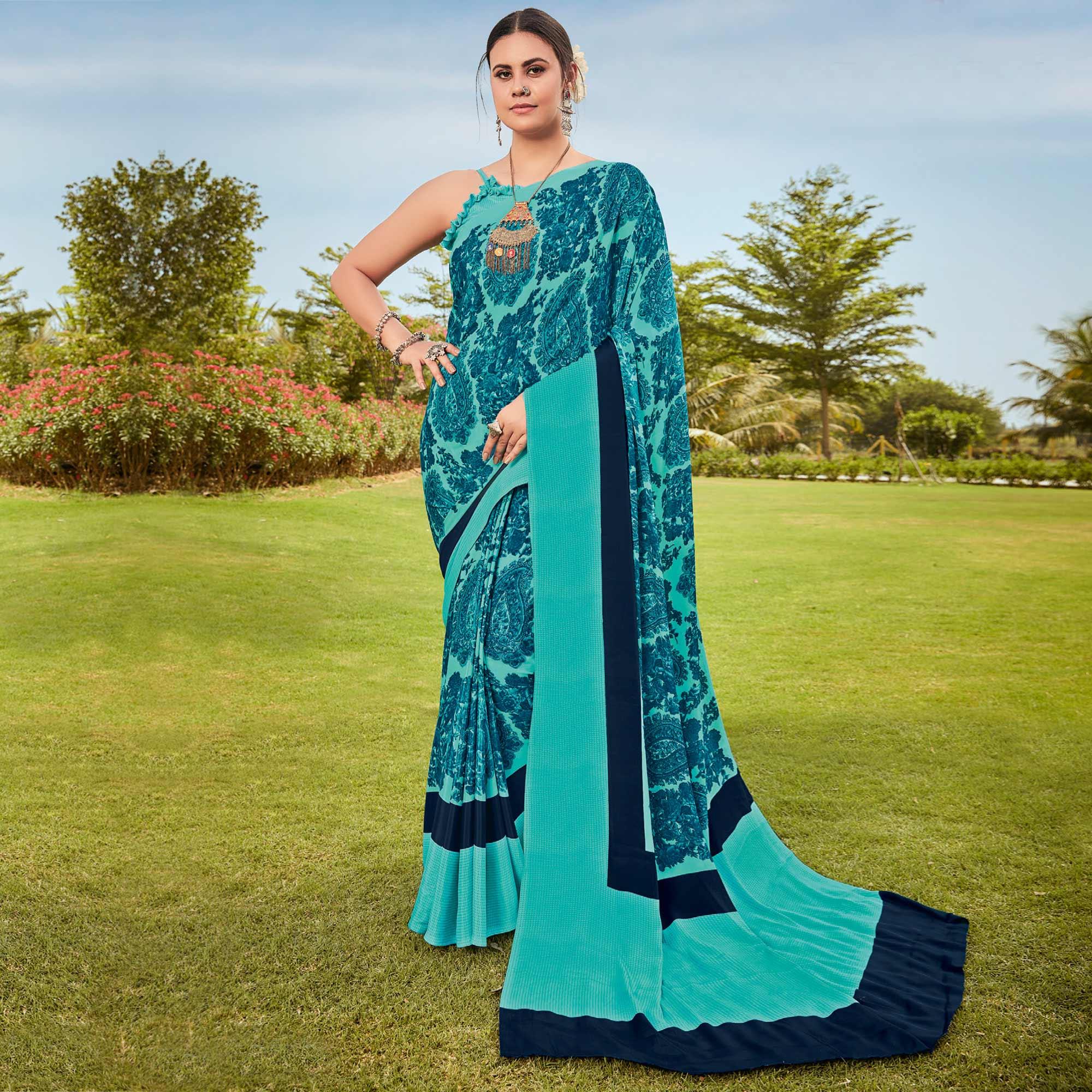 Turquoise Casual Wear Printed Crepe Saree - Peachmode