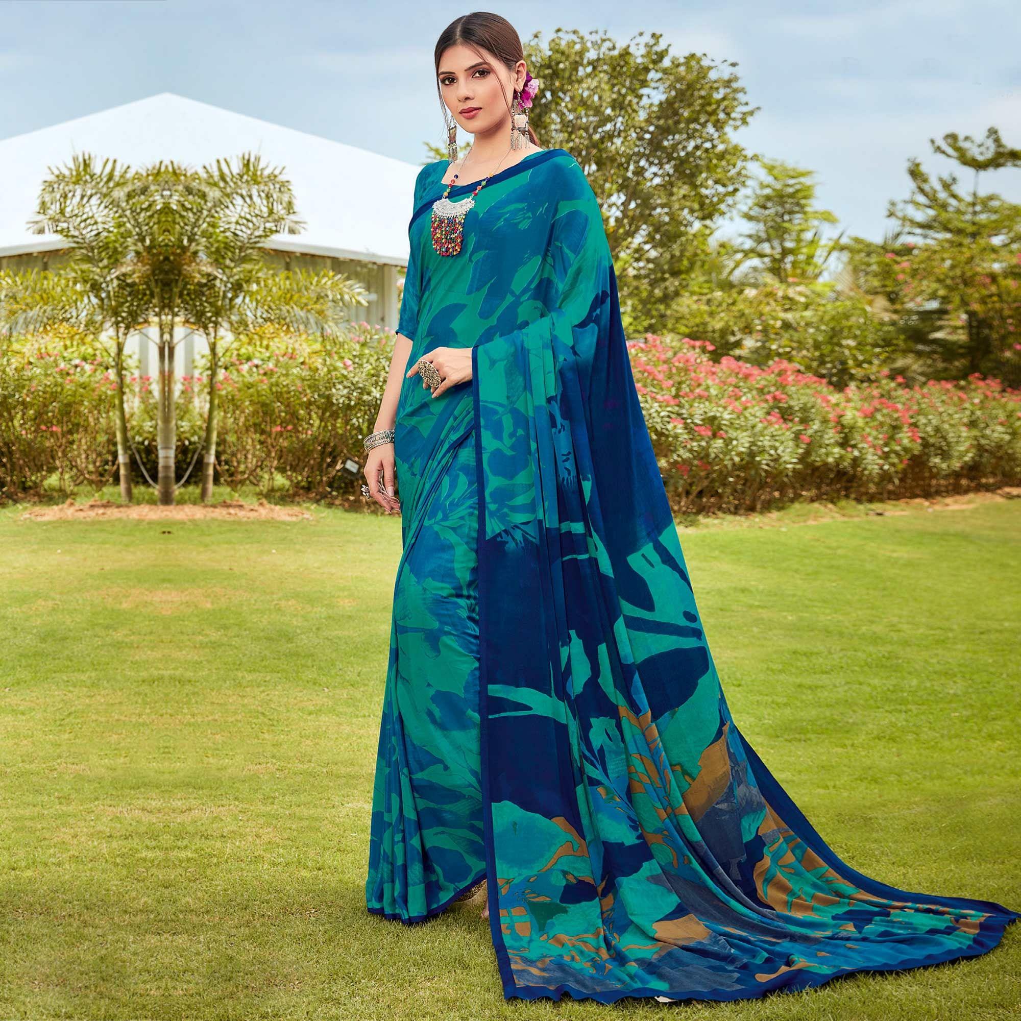 Turquoise Casual Wear Printed Crepe Saree - Peachmode