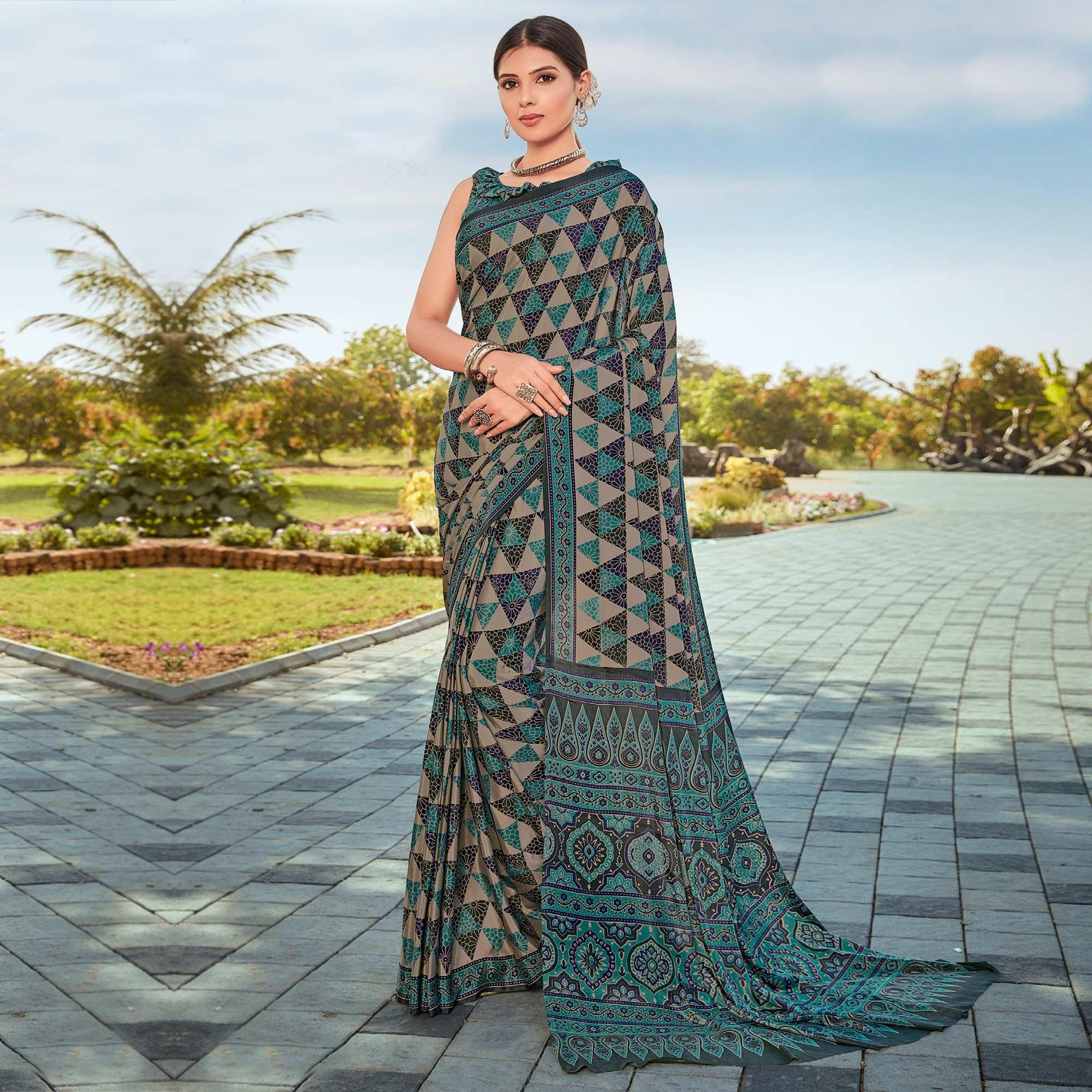 Turquoise Casual Wear Printed Crepe Saree - Peachmode