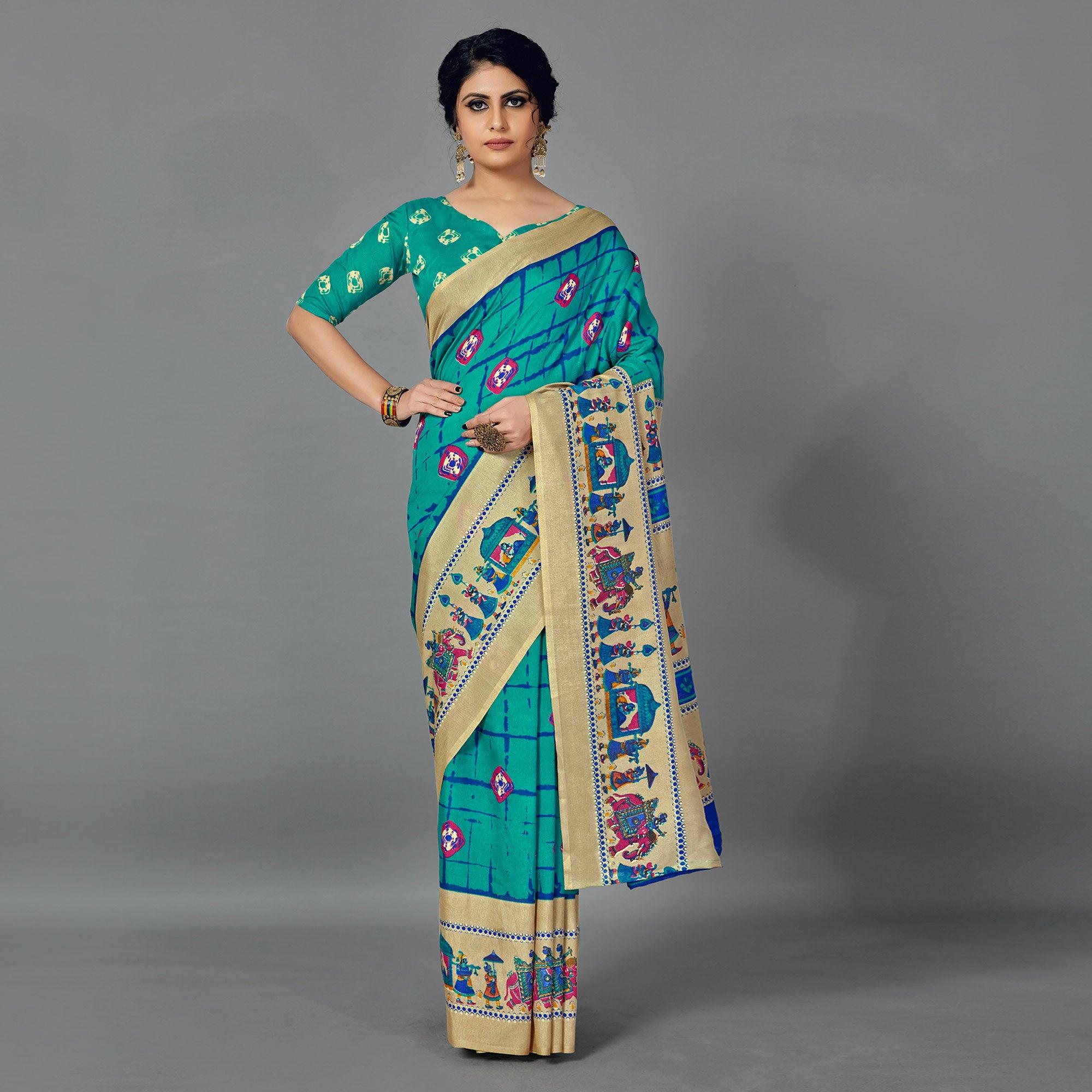 Turquoise Casual Wear Printed Dhapa Silk Saree - Peachmode