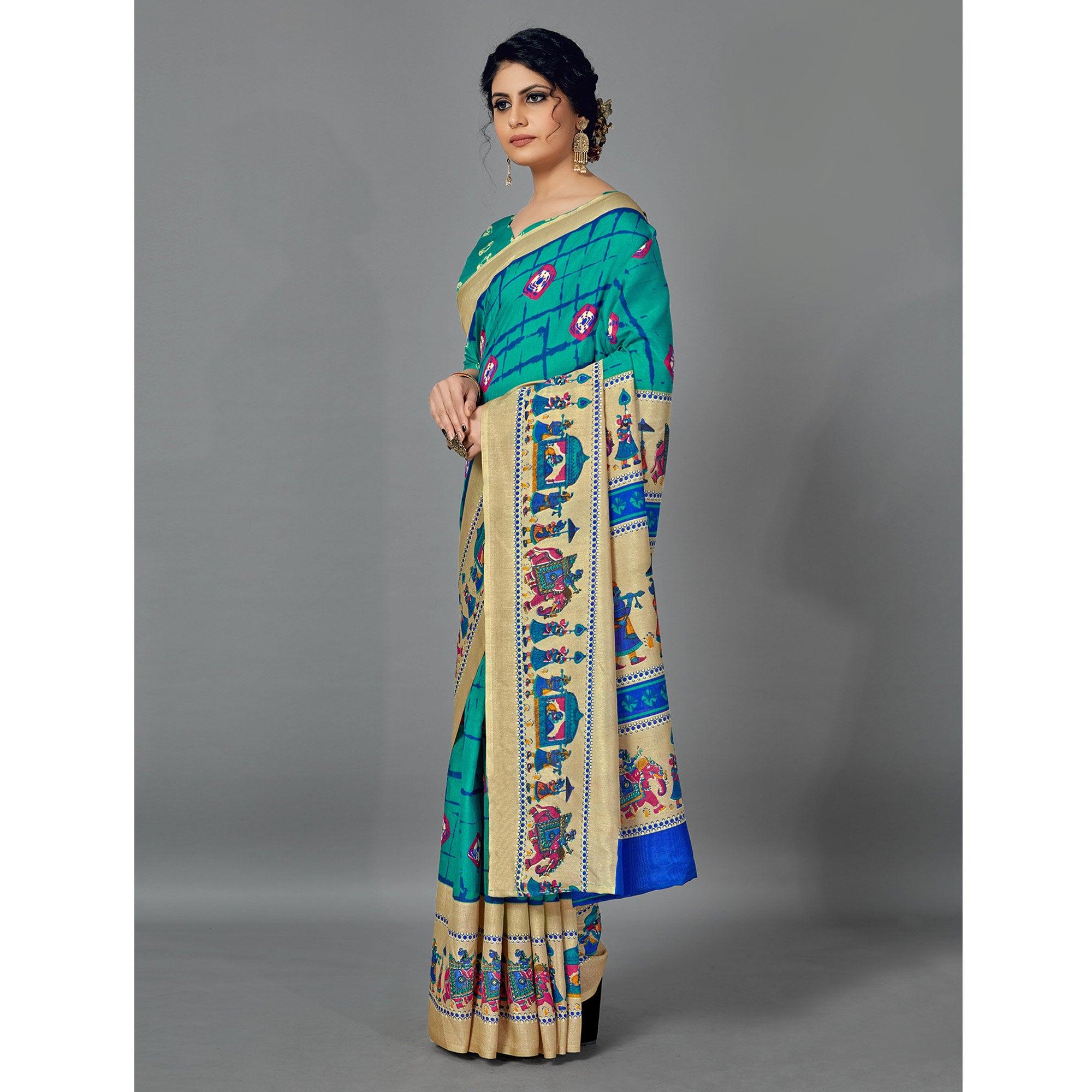 Turquoise Casual Wear Printed Dhapa Silk Saree - Peachmode