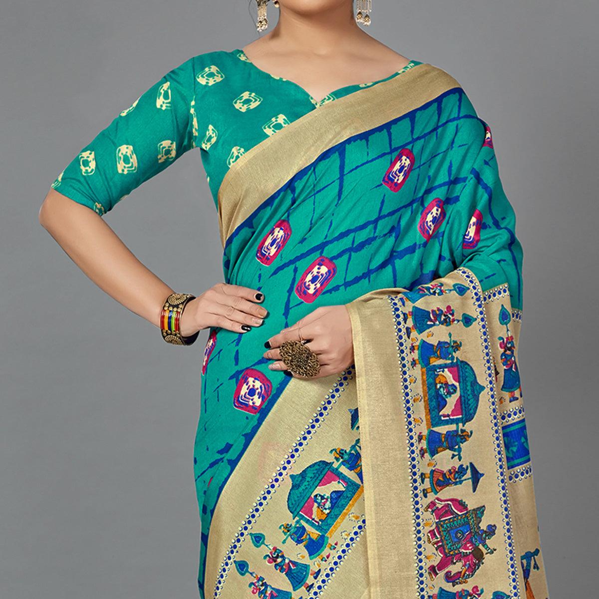 Turquoise Casual Wear Printed Dhapa Silk Saree - Peachmode