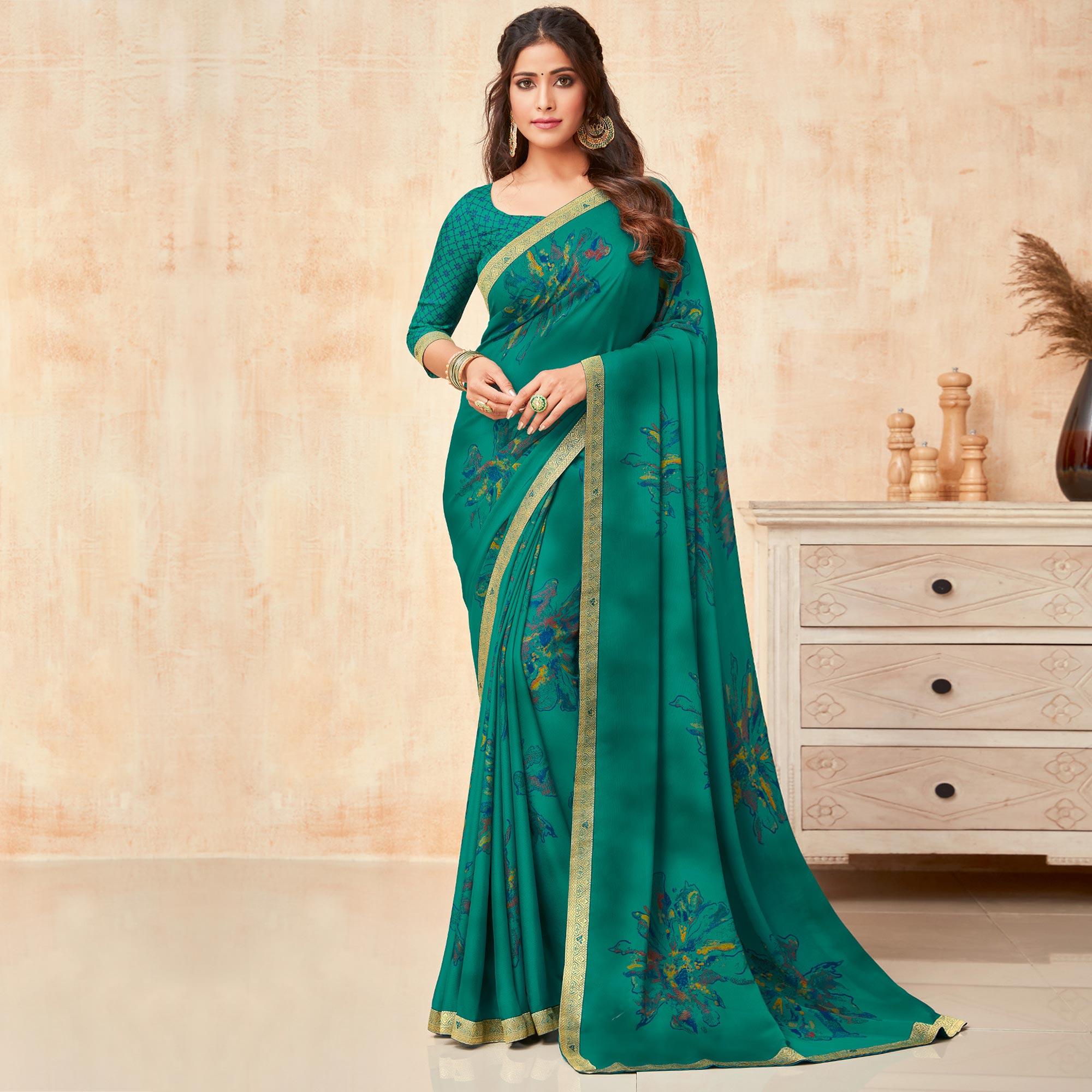 Turquoise Casual Wear Printed Georgette Saree - Peachmode