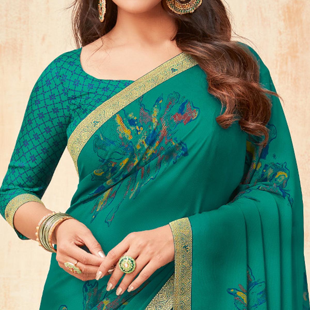 Turquoise Casual Wear Printed Georgette Saree - Peachmode