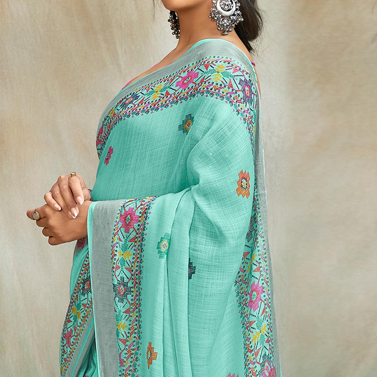 Turquoise Casual Wear Printed Pure Linen Saree - Peachmode