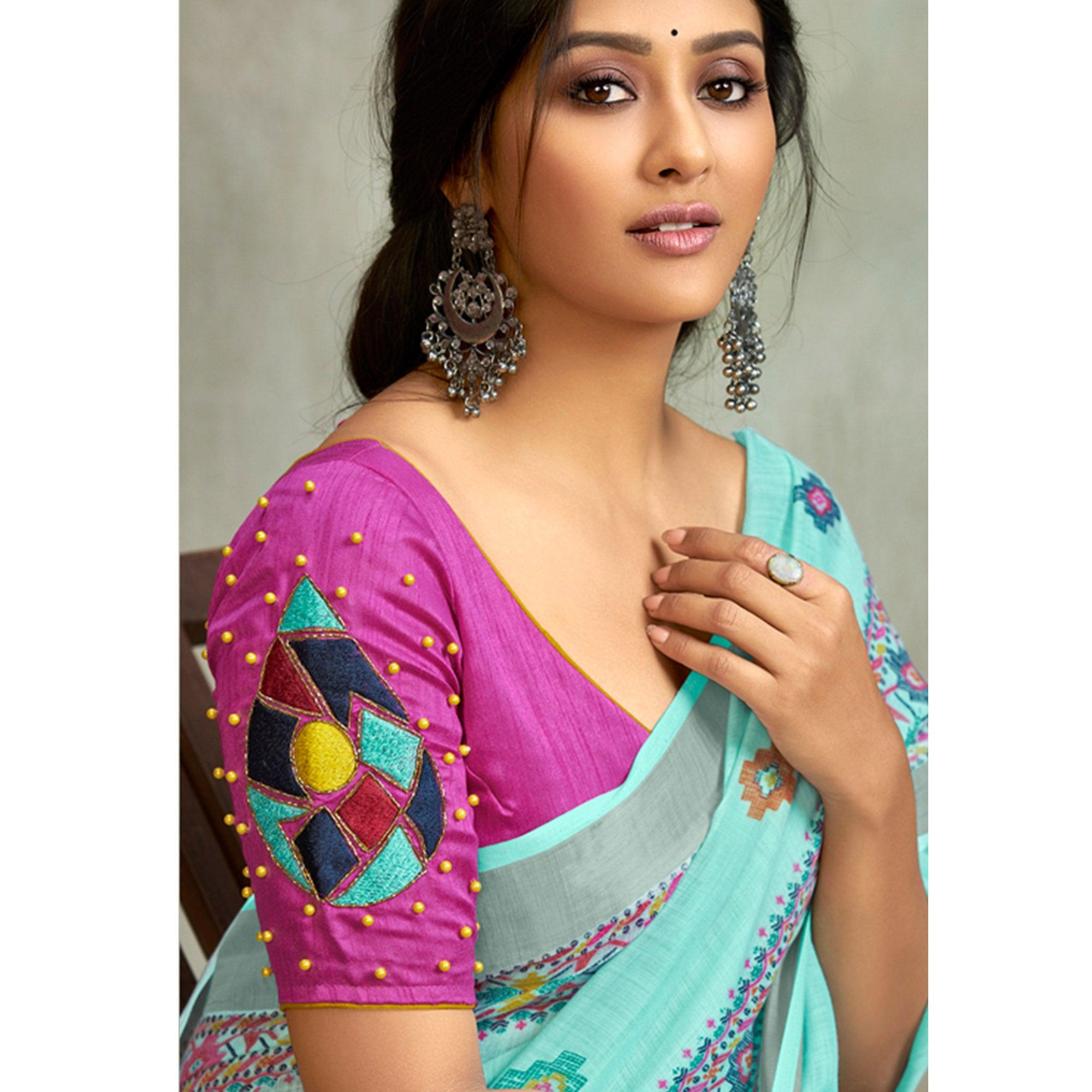 Turquoise Casual Wear Printed Pure Linen Saree - Peachmode