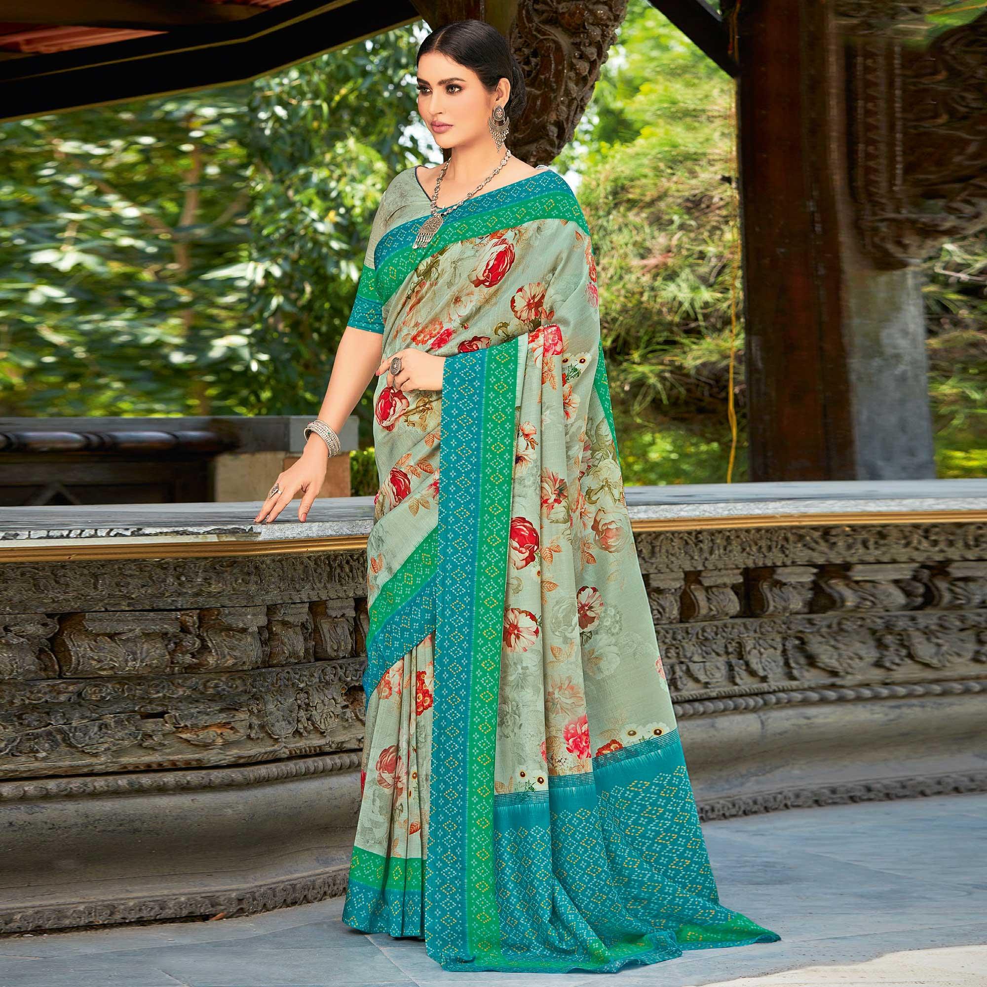 Turquoise Casual Wear Printed Silk Saree - Peachmode