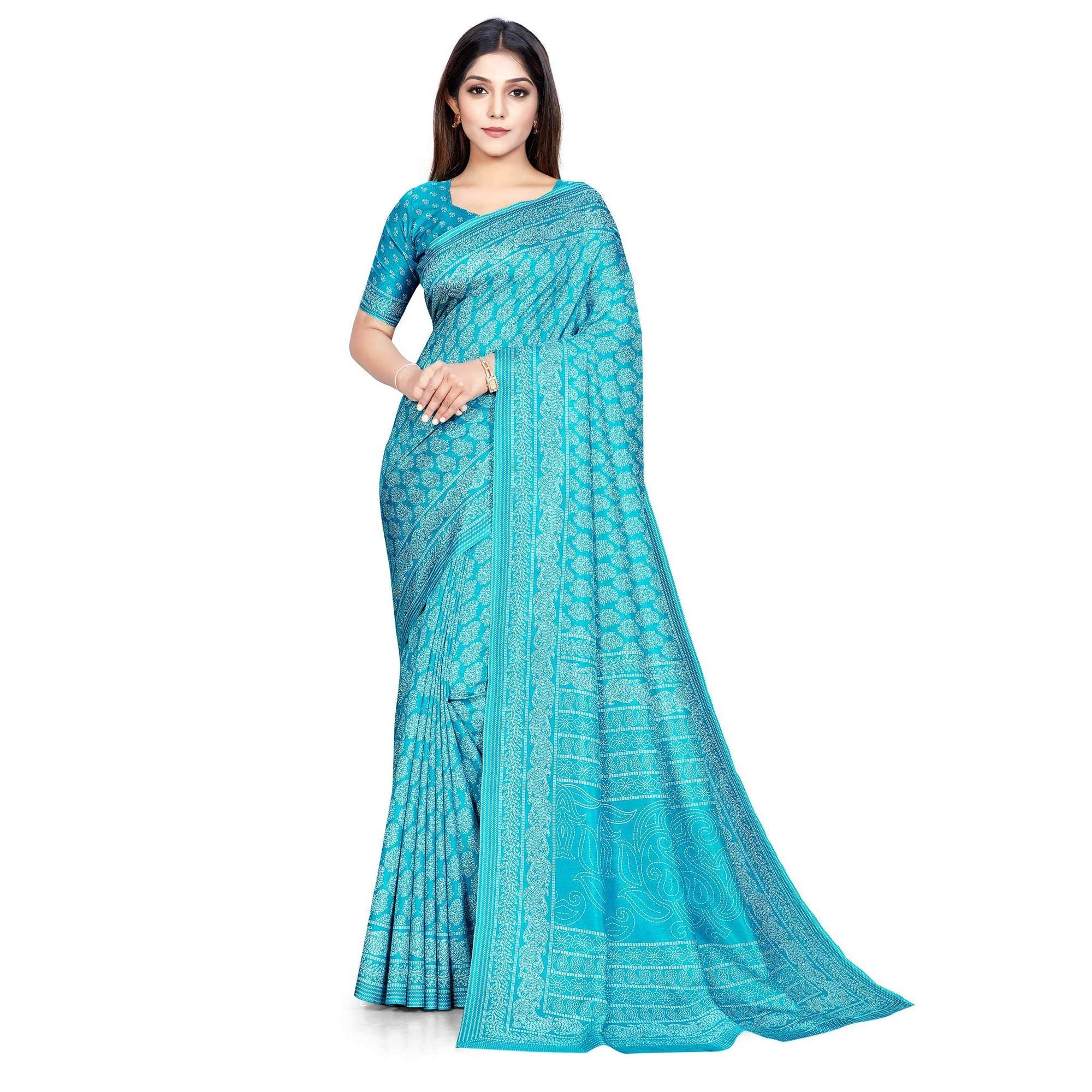 Turquoise Casual Wear Printed Silk Saree - Peachmode