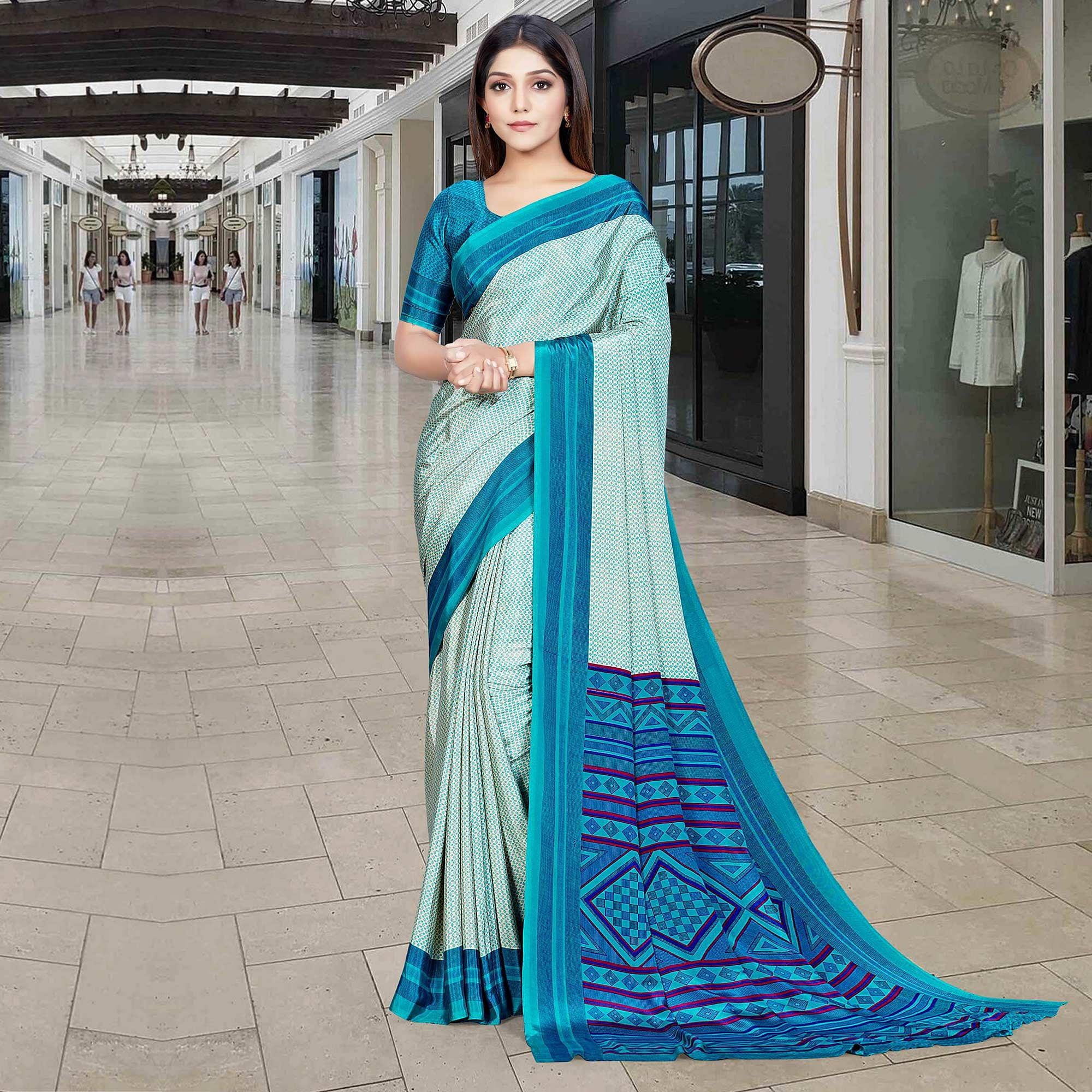 Turquoise Casual Wear Printed Silk Saree - Peachmode