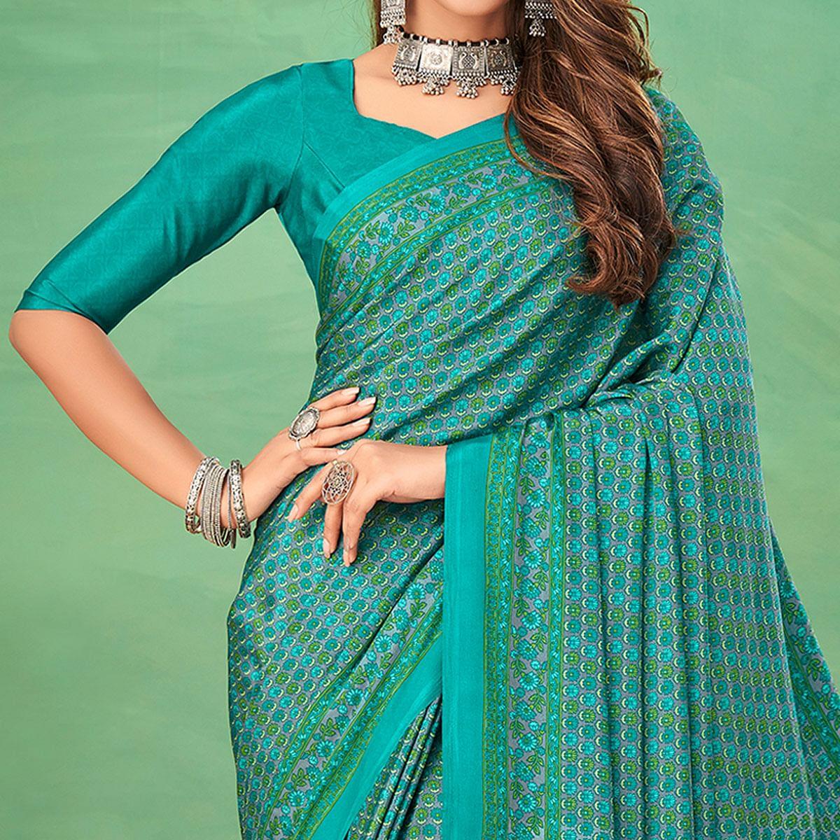 Turquoise Casual Wear Printed Silk Saree - Peachmode