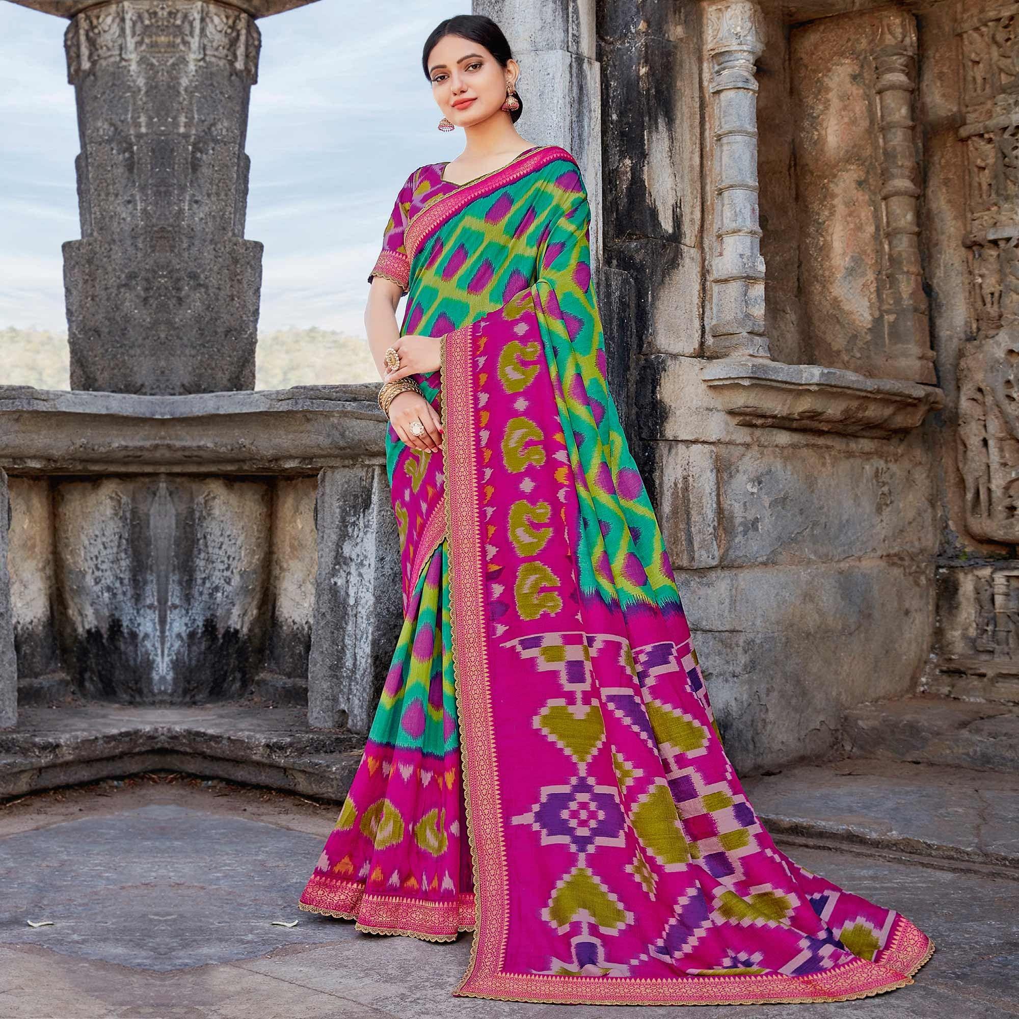 Turquoise Casual Wear Printed Tussar Silk Saree - Peachmode