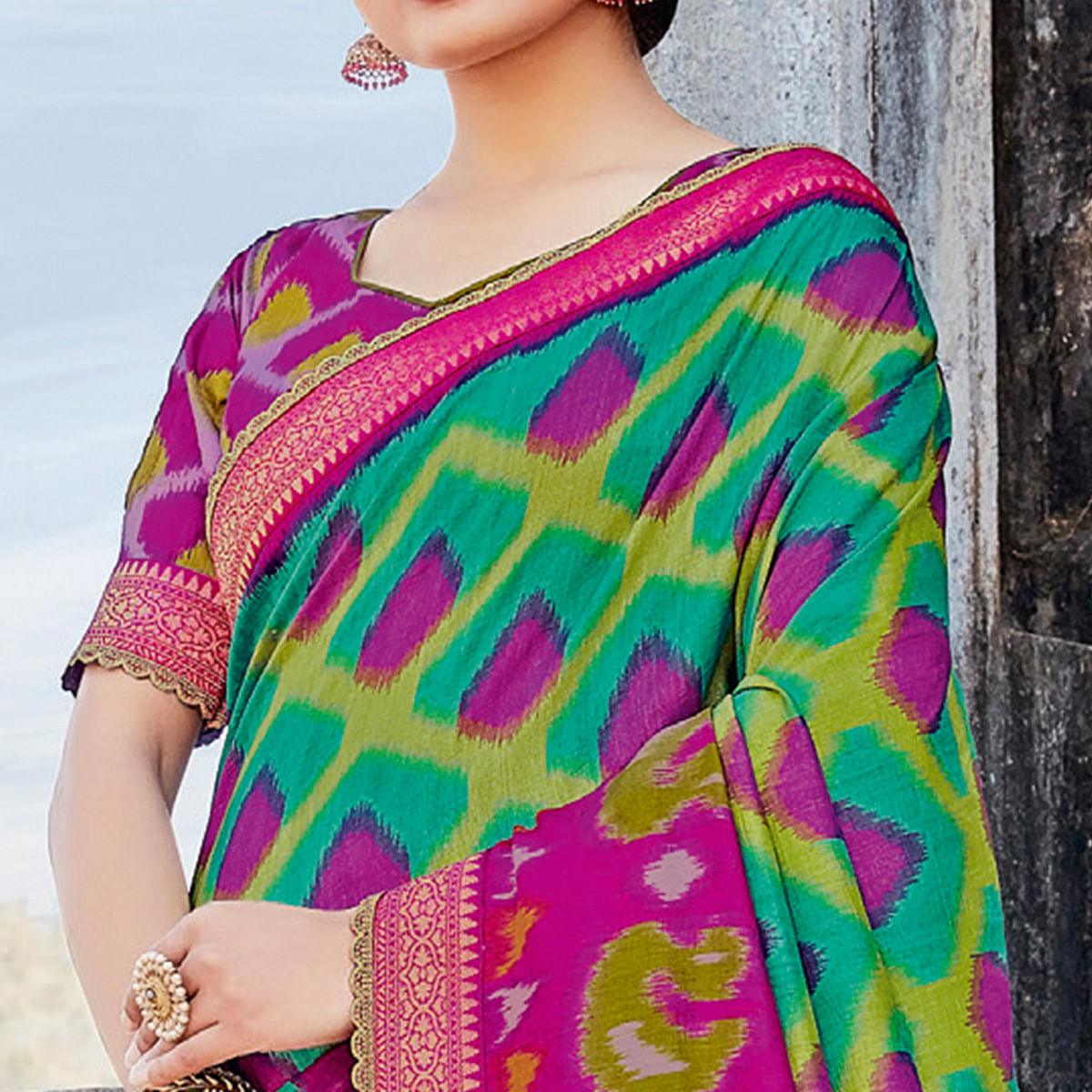 Turquoise Casual Wear Printed Tussar Silk Saree - Peachmode