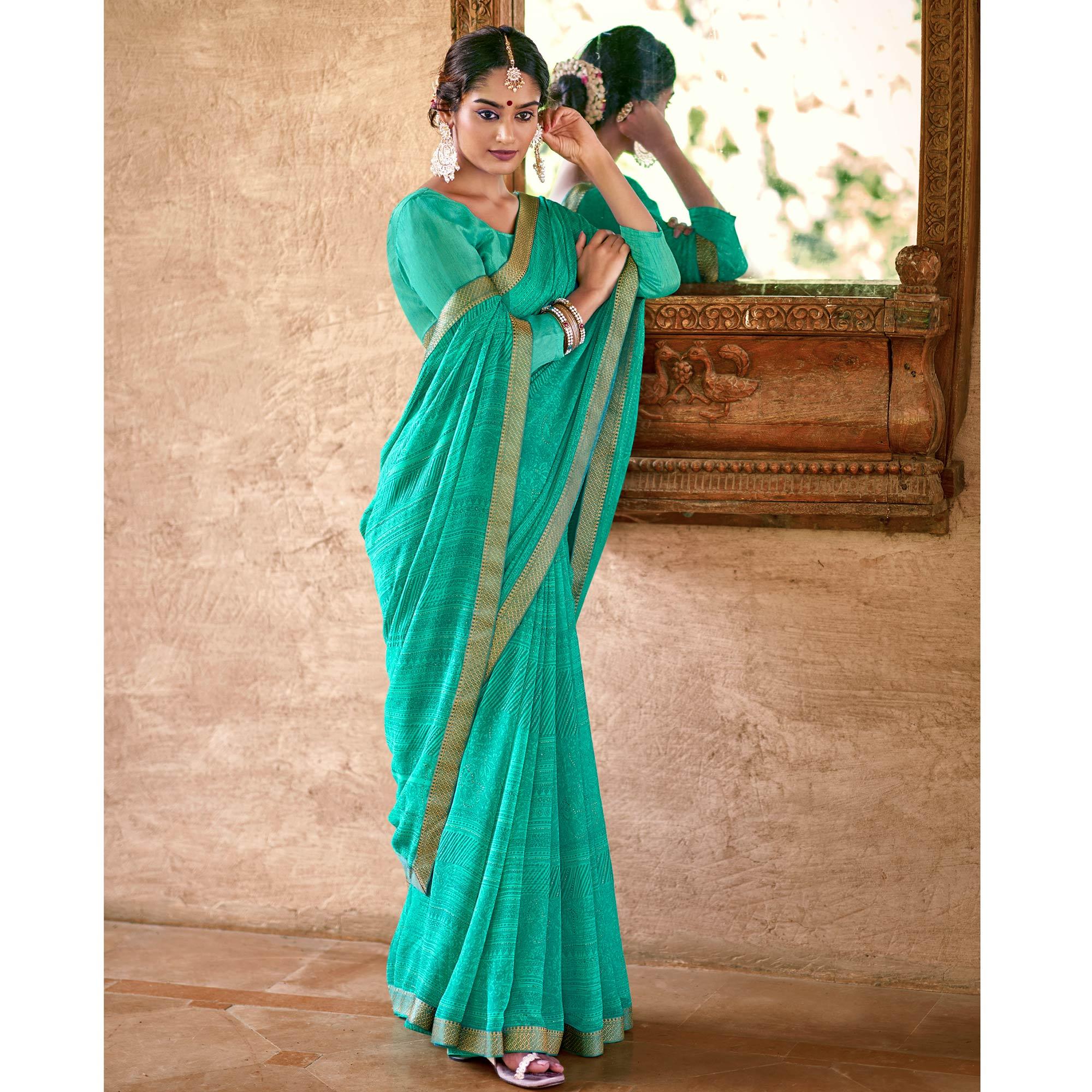 Turquoise Casual Wear Printed With Fancy Lace Georgette Saree - Peachmode