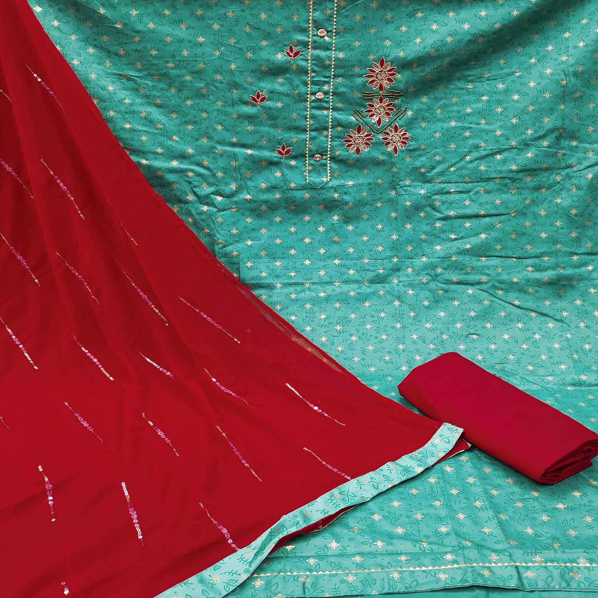 Turquoise Casual Wear Sequence & Printed Cotton Dress Material - Peachmode